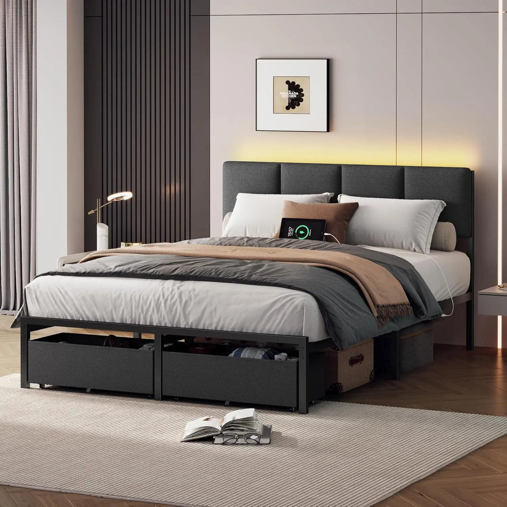 Full Size Bed Frame, Headboard, Upholstered, LED