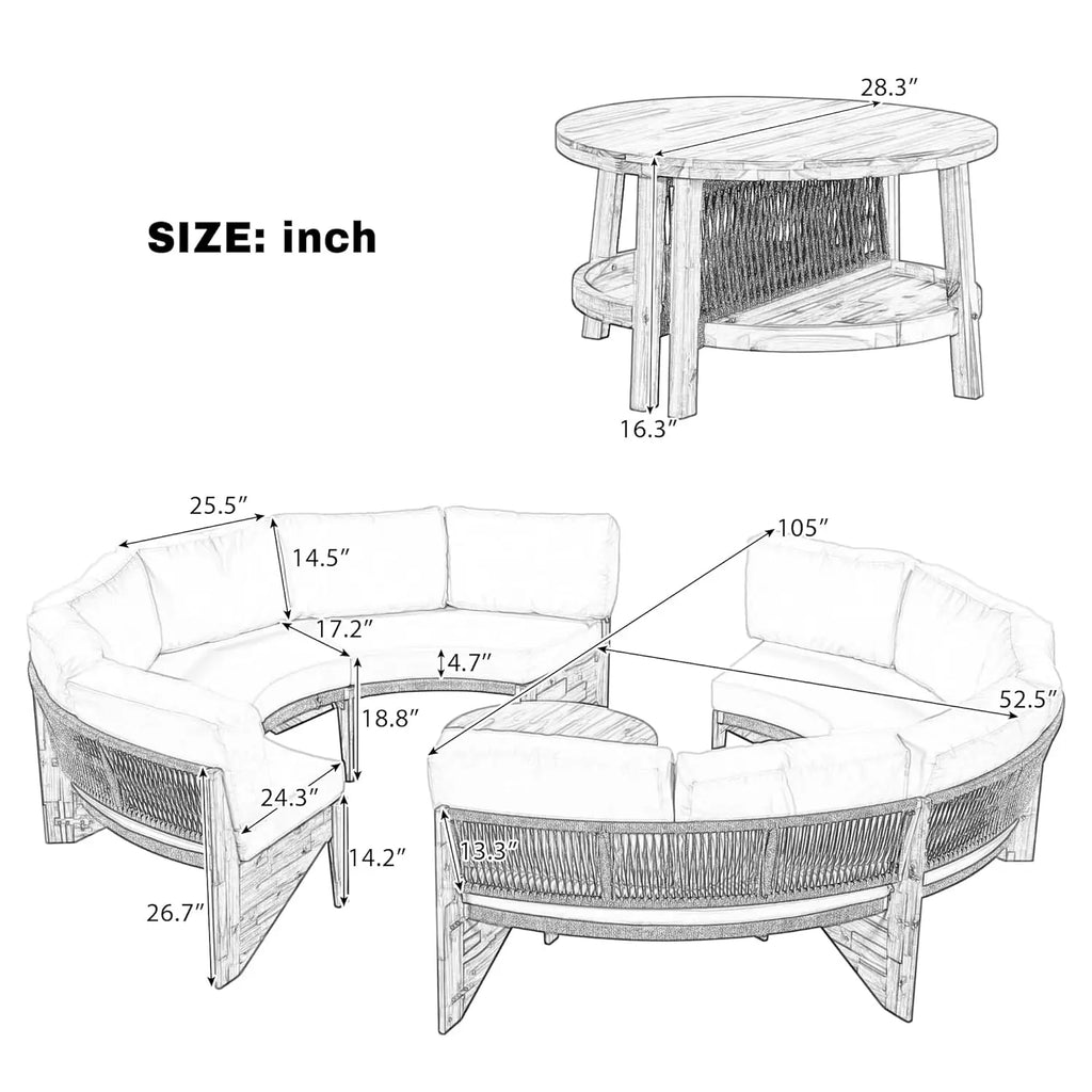 Wood Half-Moon Outdoor Sofa Set Coffee Table