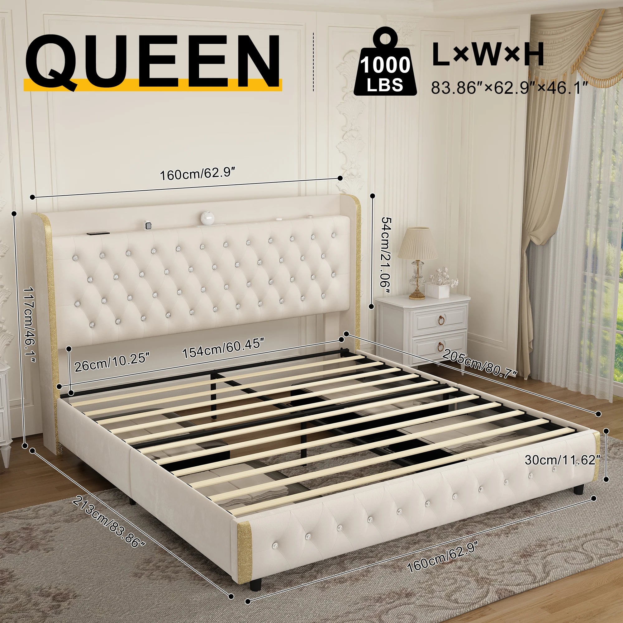 Queen Platform Bed Frame with LED Projector Lights, blue tooth