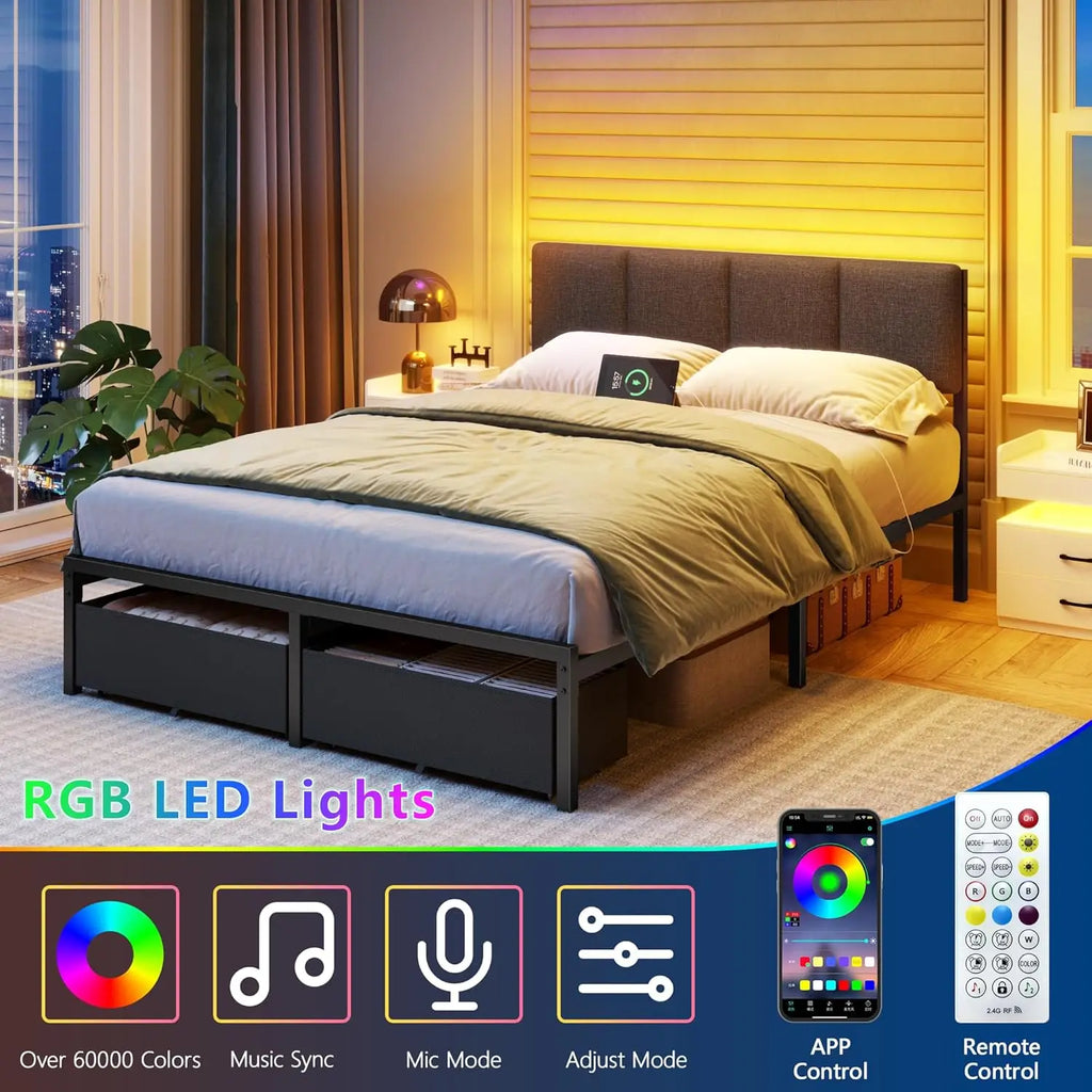 Full Size Bed Frame, Headboard, Upholstered, LED