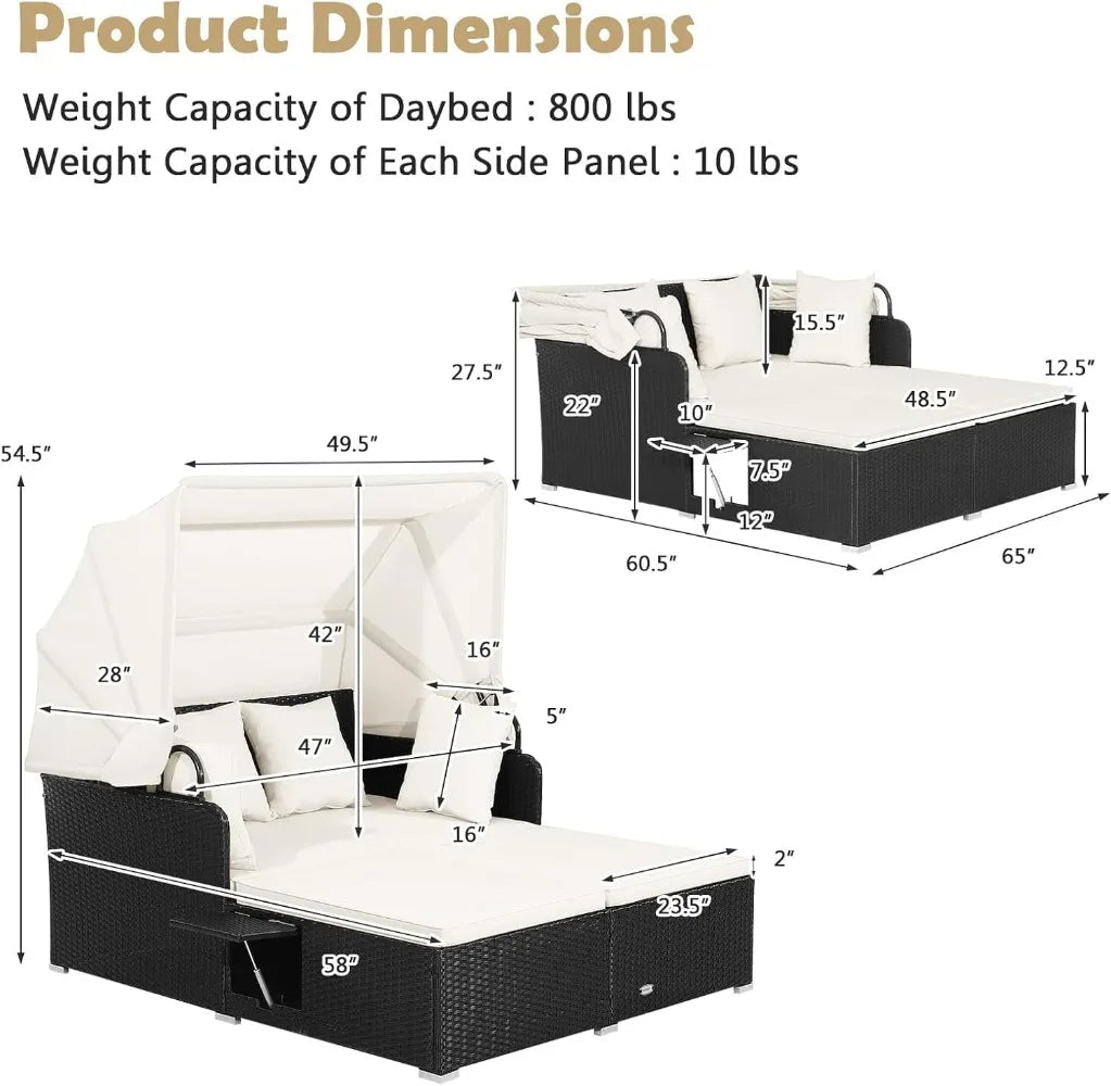 Daybed with Retractable Canopy, 2 Foldable Side Tables