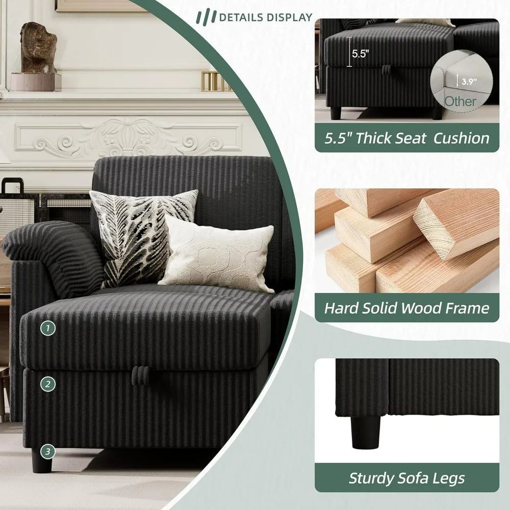79" L Shaped 3 Seat Convertible Sofa
