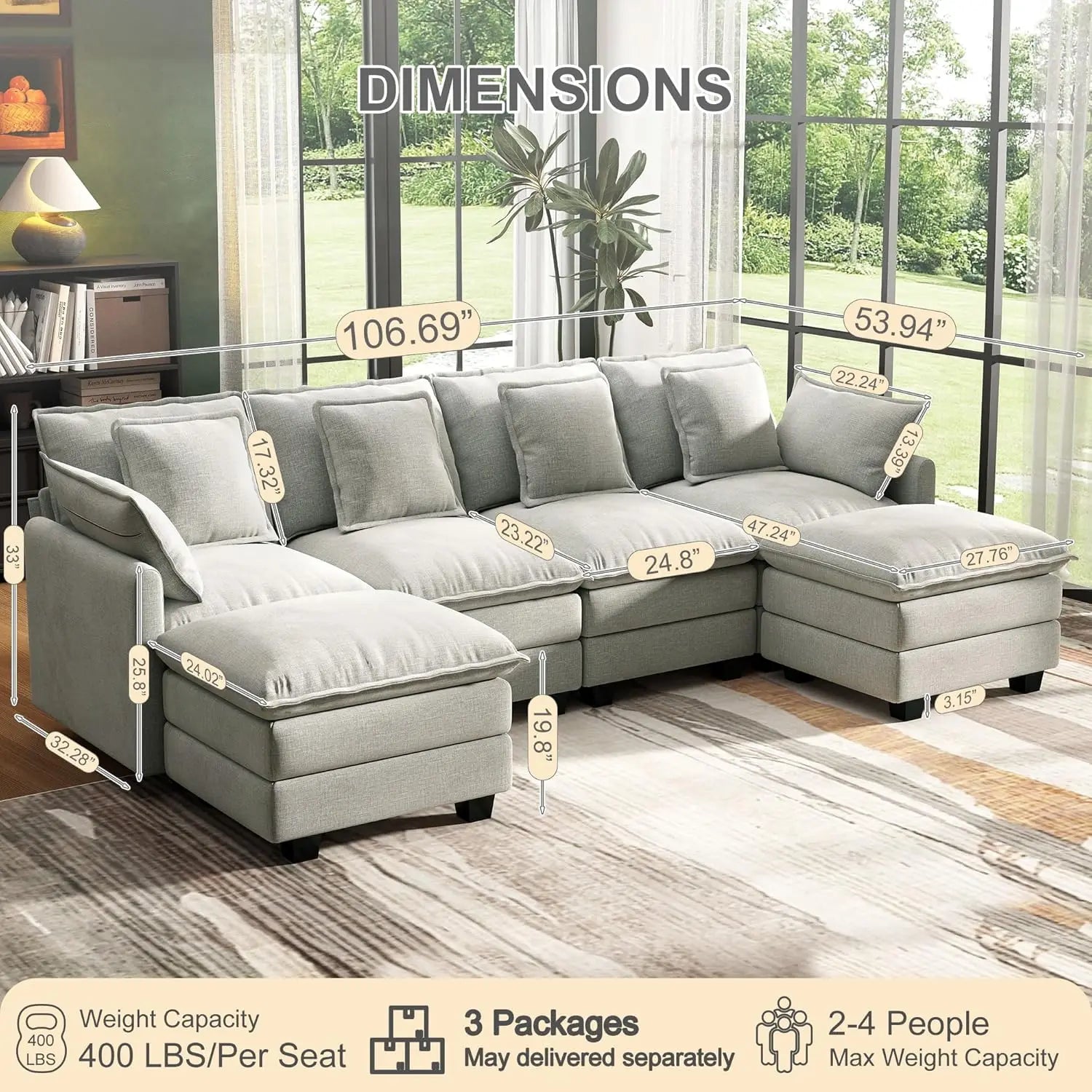 Modular Sectional Sofa Deep Seat, 2 Ottomans