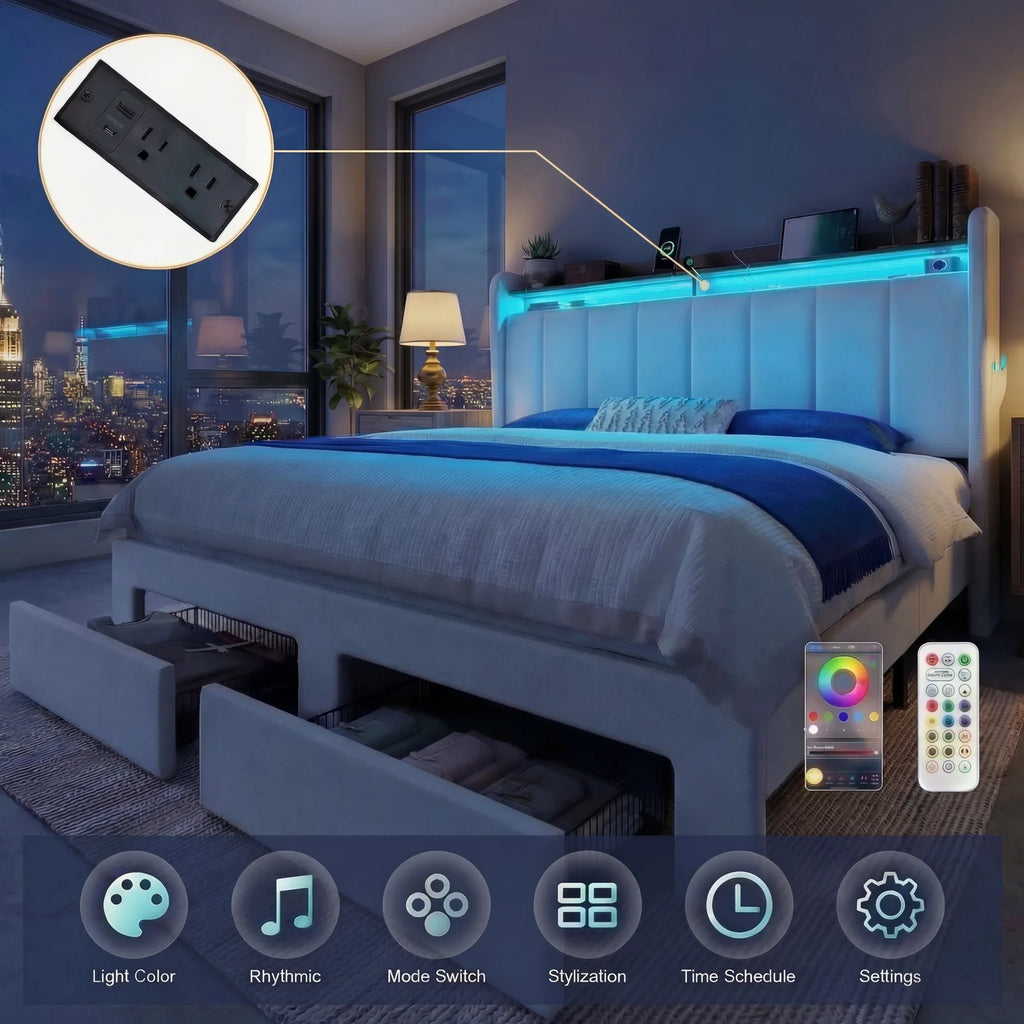 Bed Frame, 2 Drawers, 2 Shelves, LED Lights, Charging Station