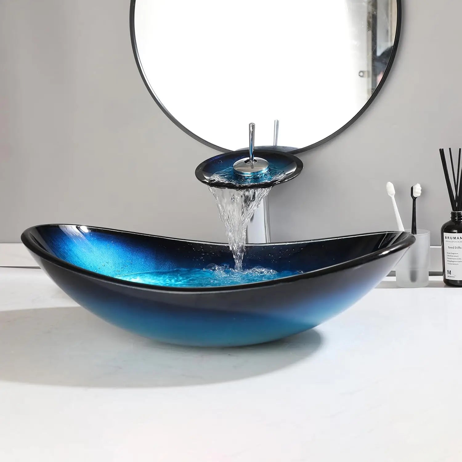 Oval Blue Bathroom Vessel Sink With Faucet