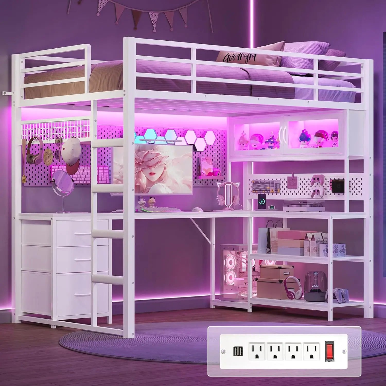 Twin Loft Bed desk Storage Hutch with Power Outlet