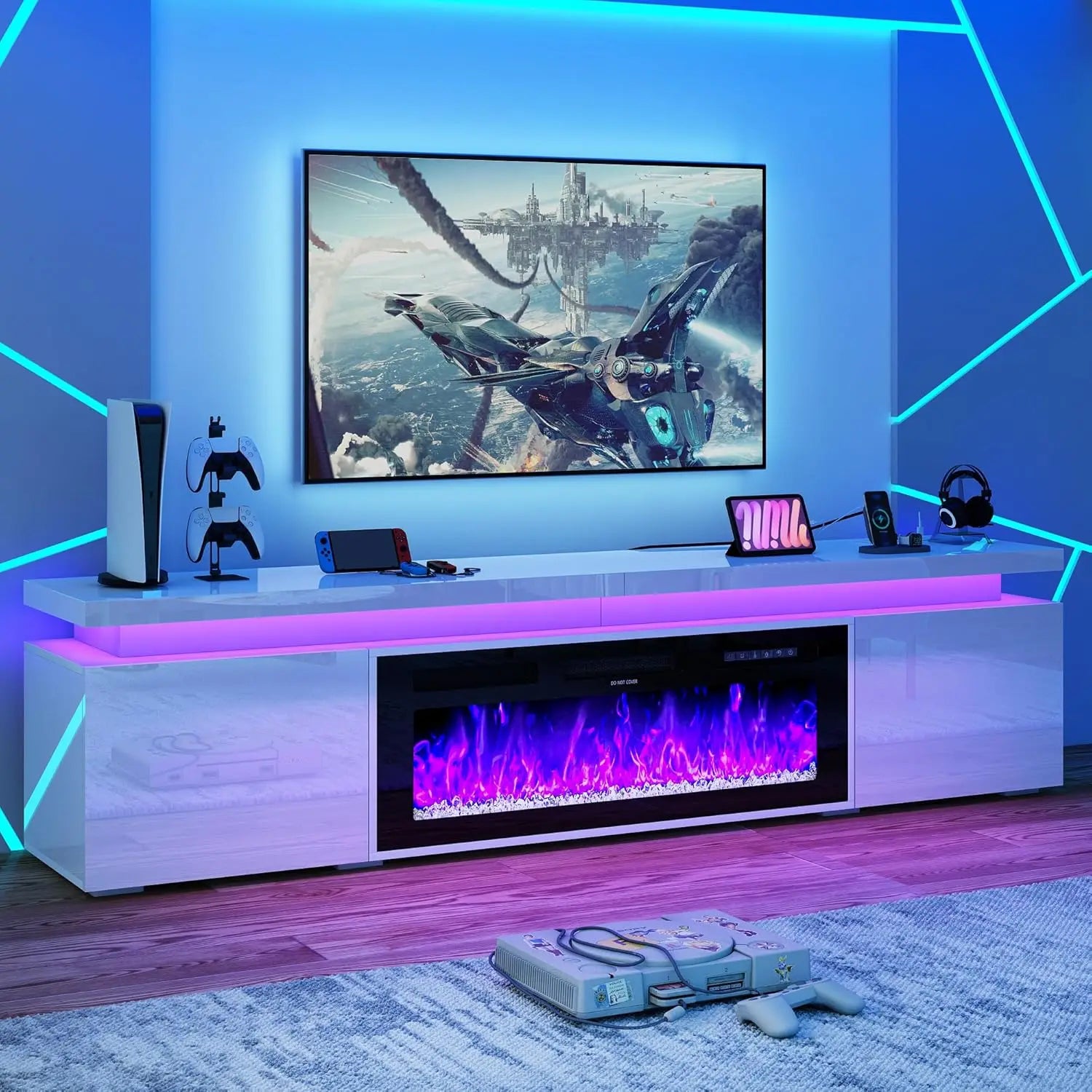 LED TV Stand with Electric Fireplace & Power Outlet