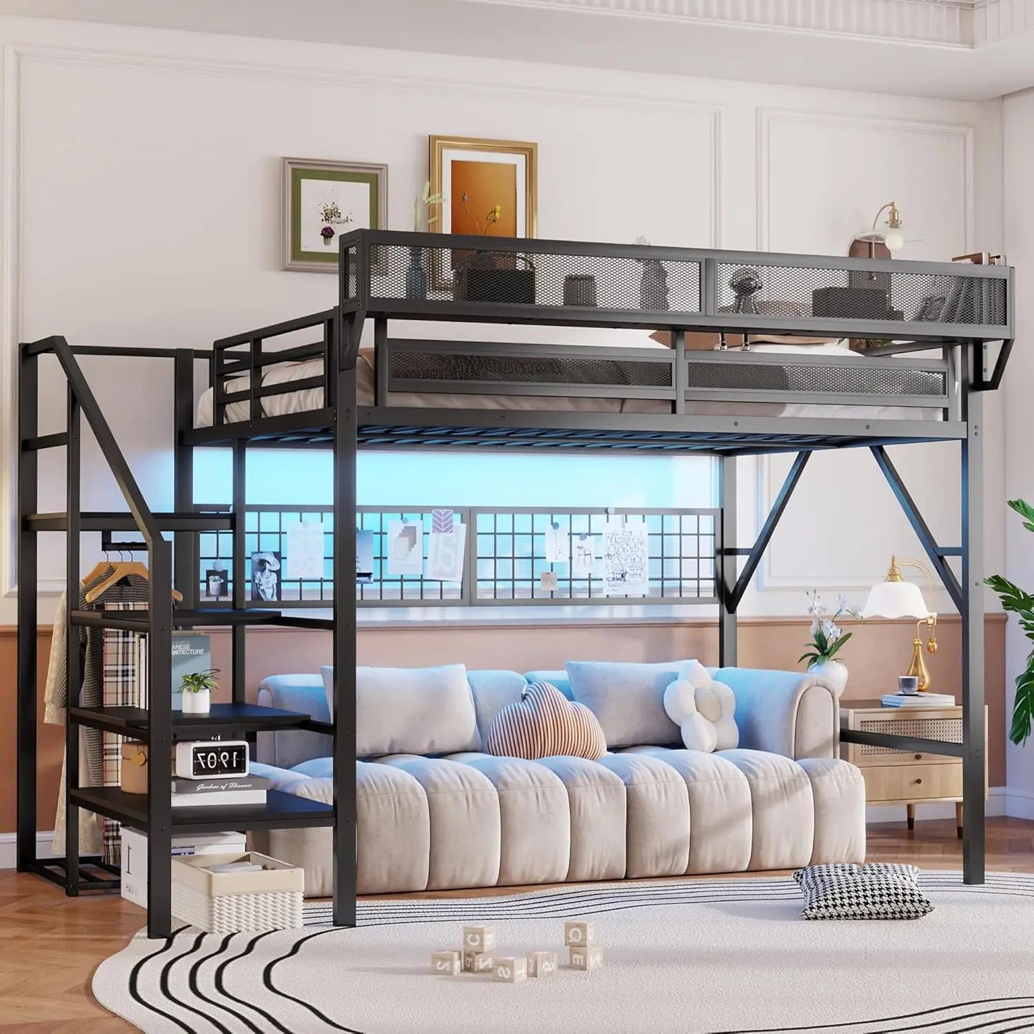 Queen Size Loft Bed Frame with Stairs