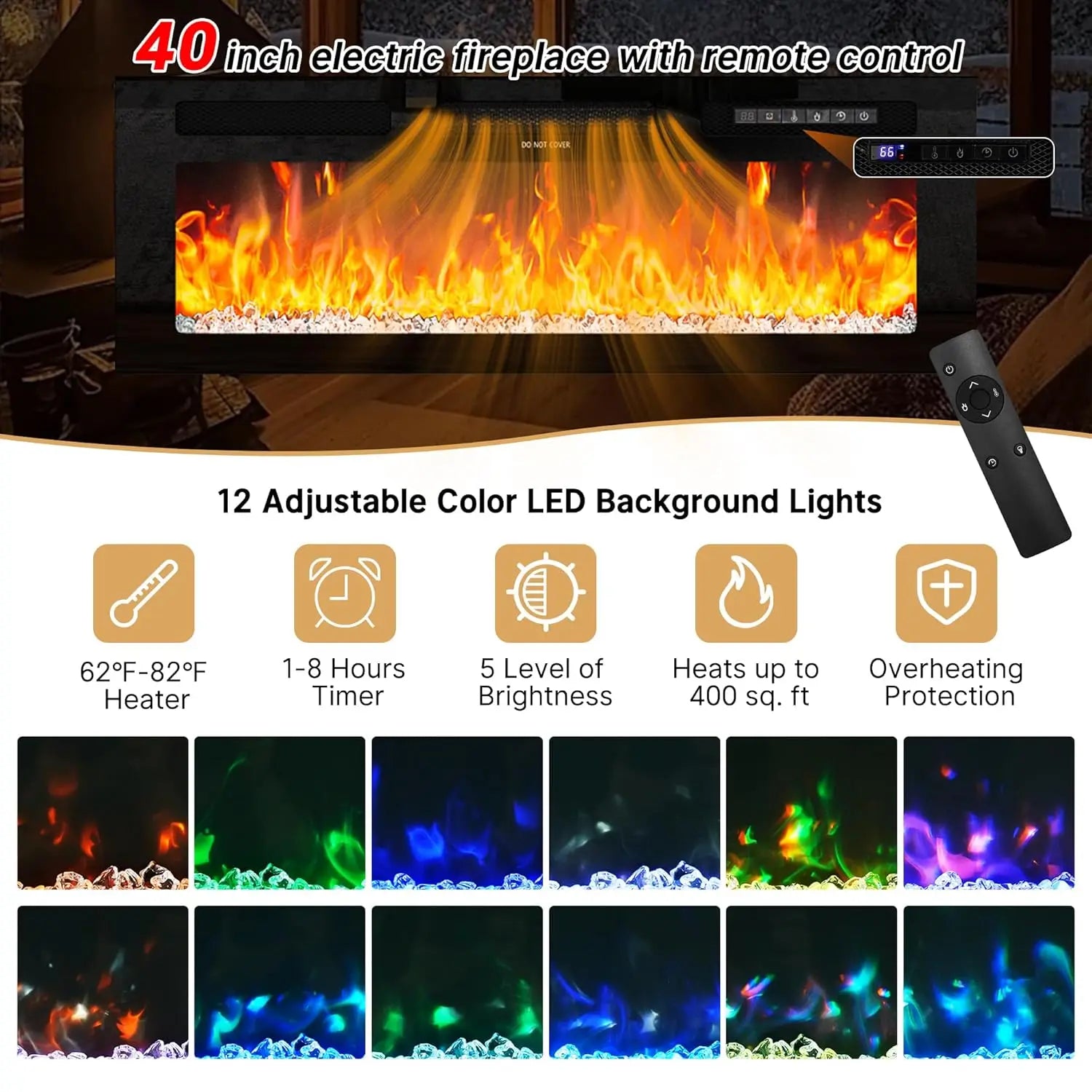 LED TV Stand with Electric Fireplace & Power Outlet