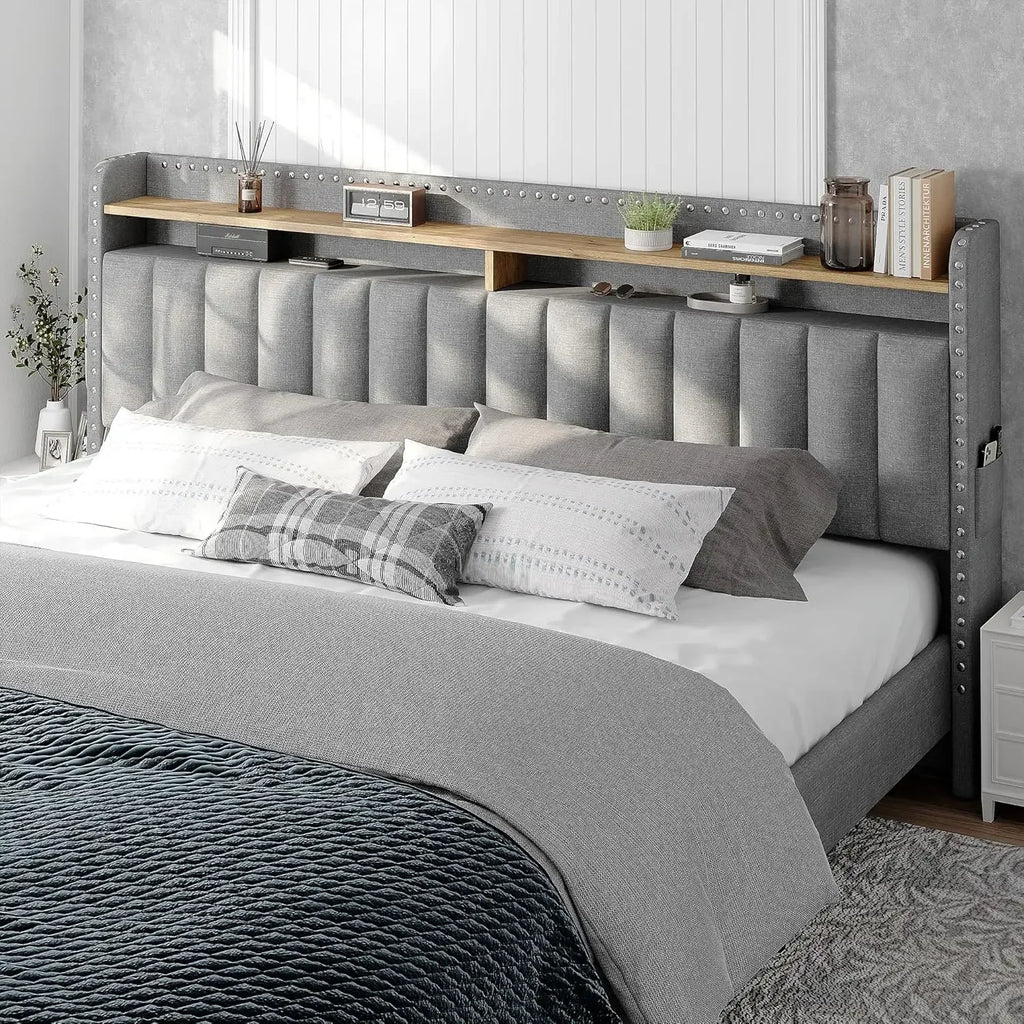 Upholstered King Bed Frame, 2 Storage Drawers and 2-Tier Headboard