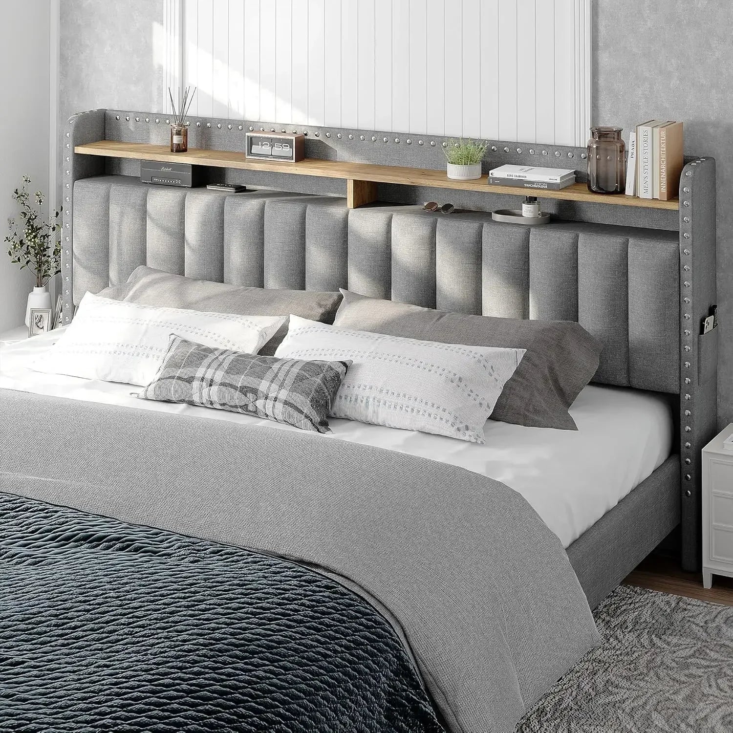Upholstered King Bed Frame, 2 Storage Drawers and 2-Tier Headboard