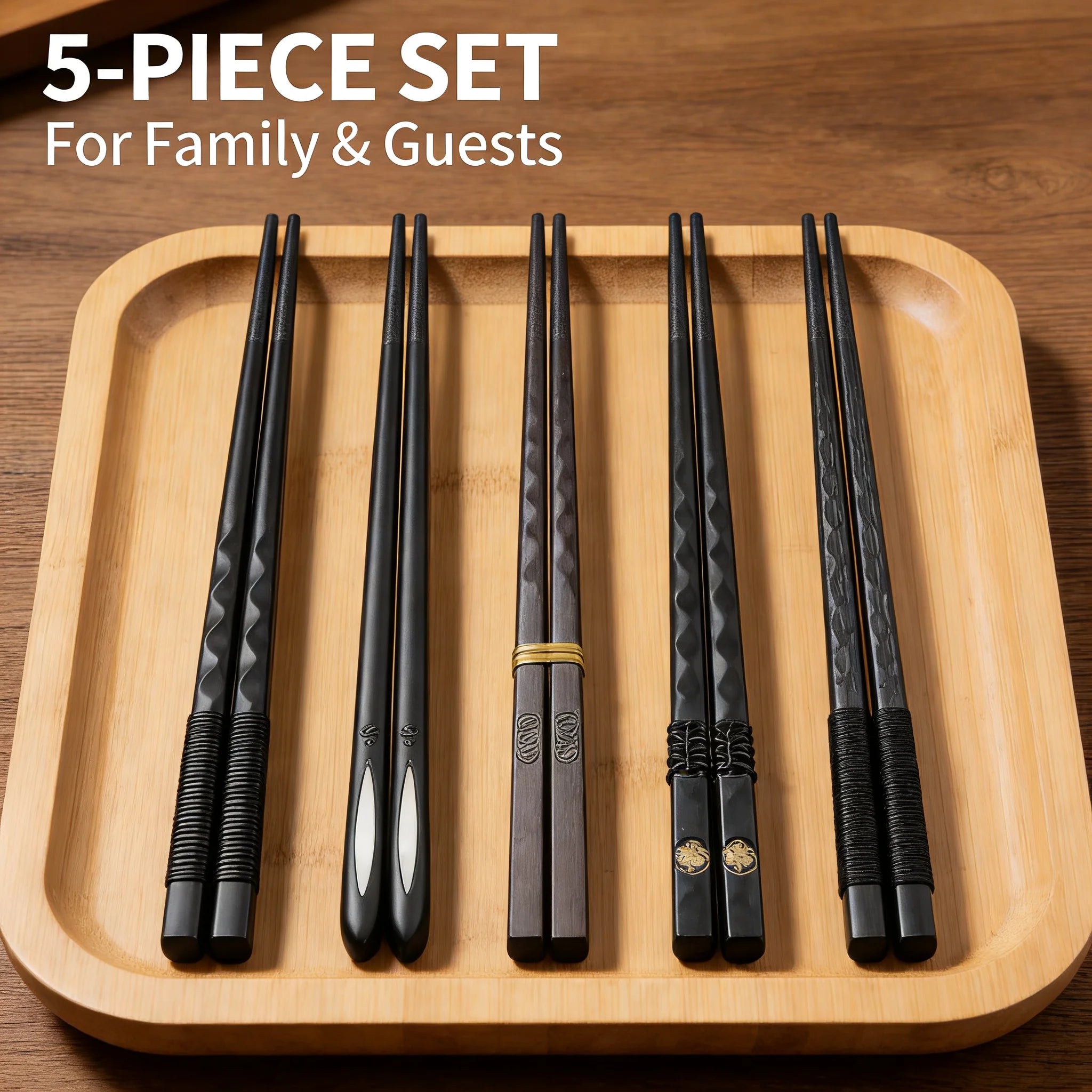 Black Alloy Reusable Chopsticks 5-Piece Set