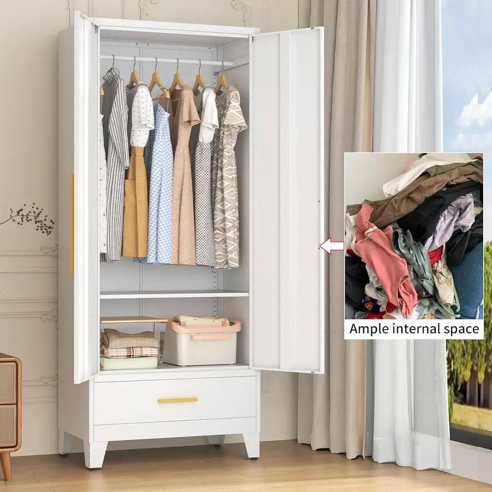72 Inch Tall Metal Wardrobe with Hanging Rod, Adjustable Shelf, Drawer, and Mirror - Large Storage Cabinet for Bedroom, Office,