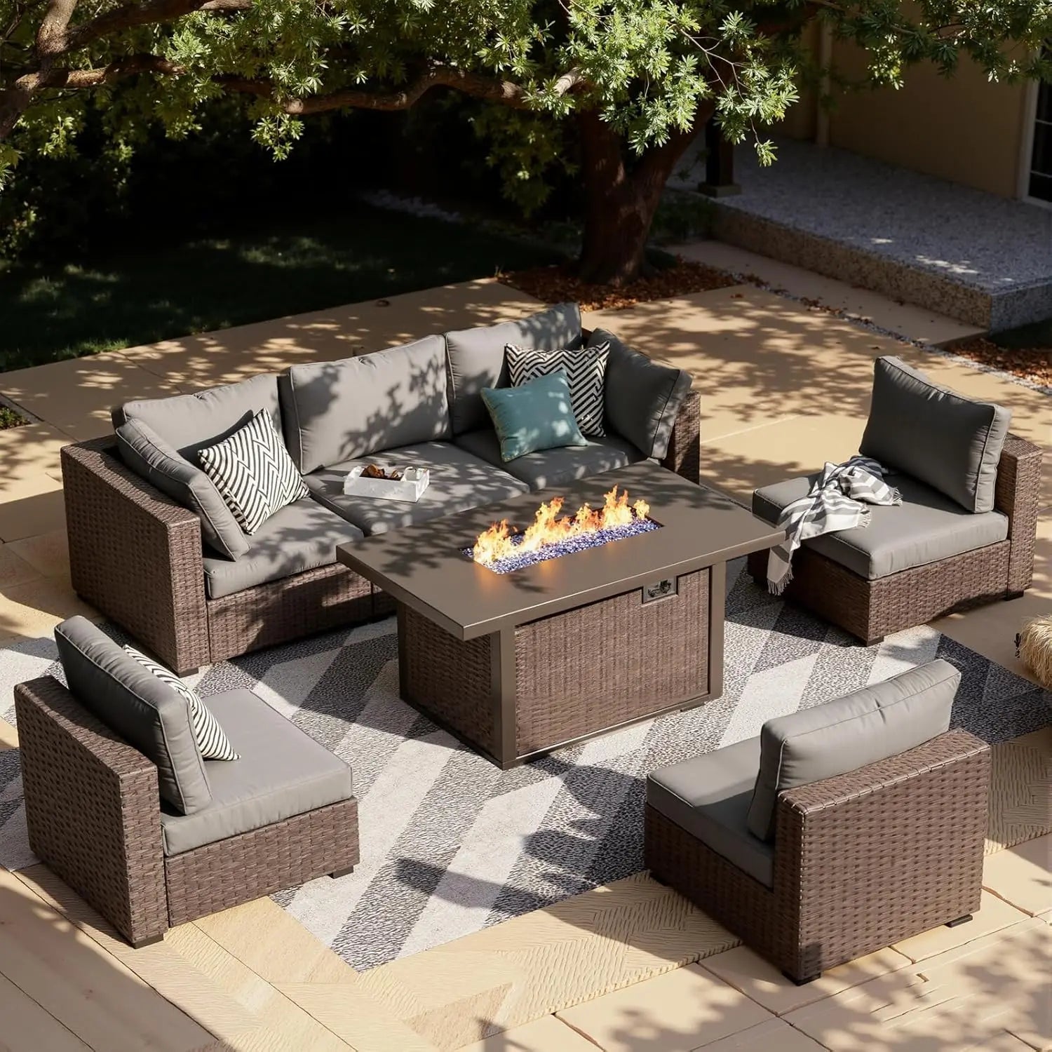 7-Pc. Patio Furniture Set Propane Firepit Table.