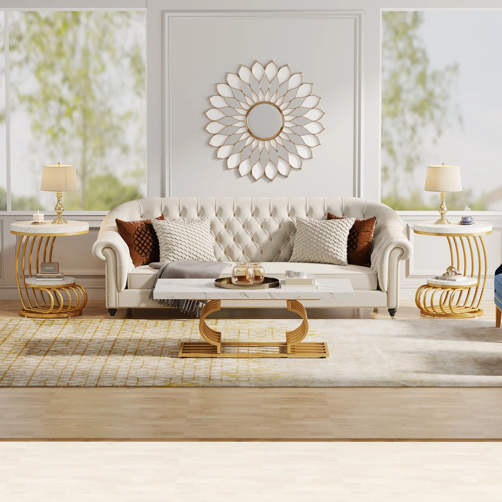 2 Tiers Faux Marble Side Table with Storage Shelf