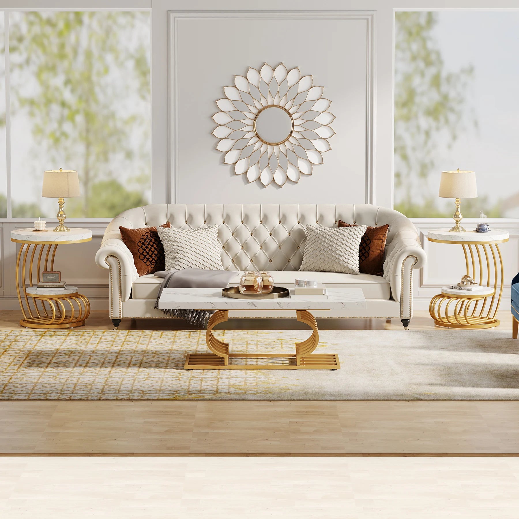2 Tiers Faux Marble Side Table with Storage Shelf