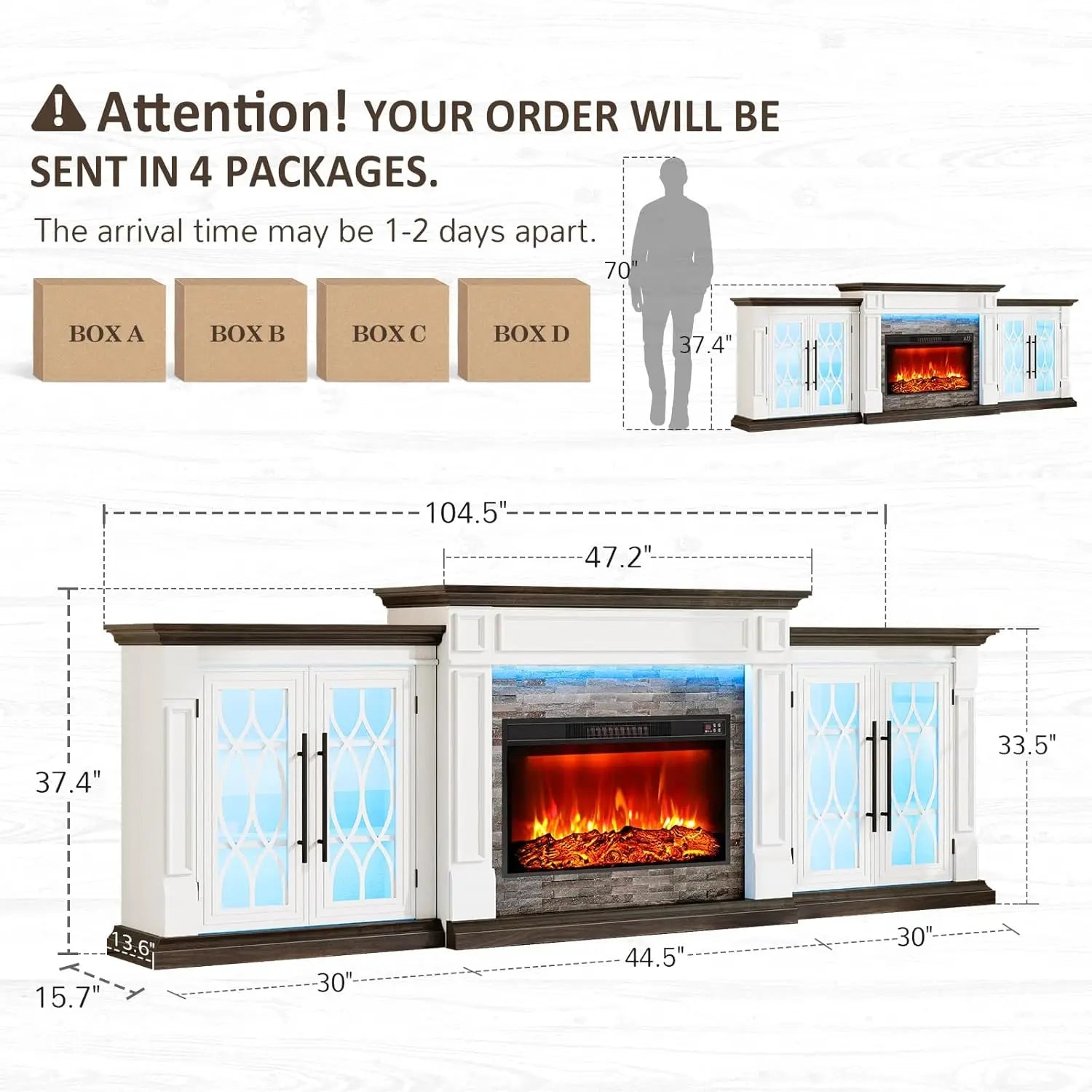 TV Stand, Electric Fireplace Mantel with Cabinets, Glass Doors