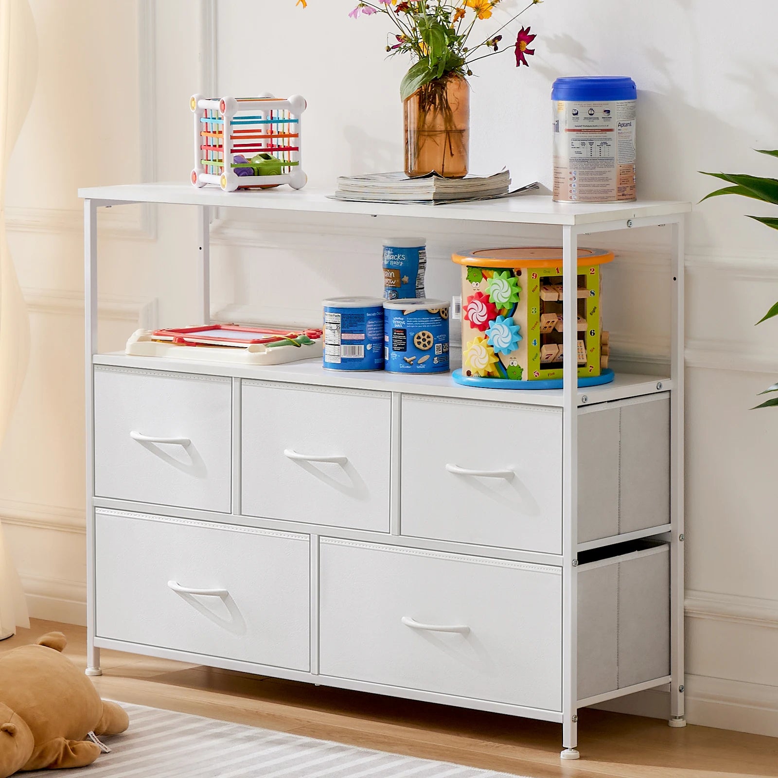 Fireplace TV Stand with 5 Fabric Drawers
