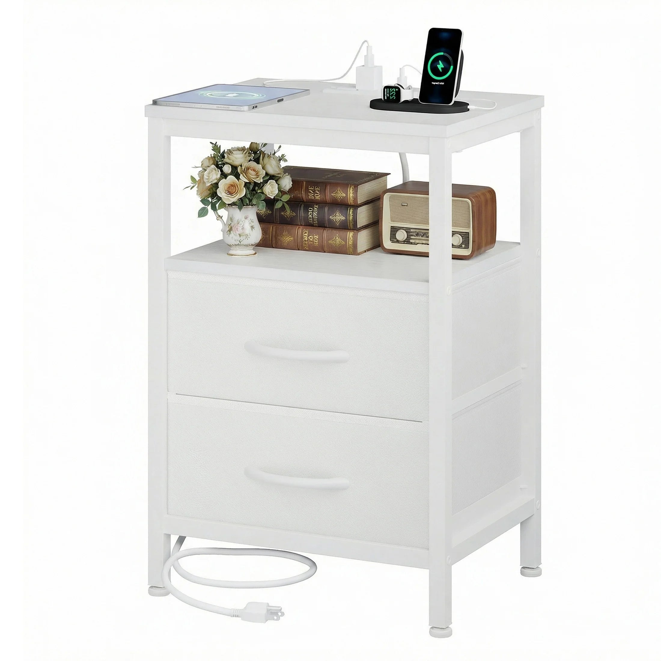 Fabric Drawer Night Stand with Open Shelf
