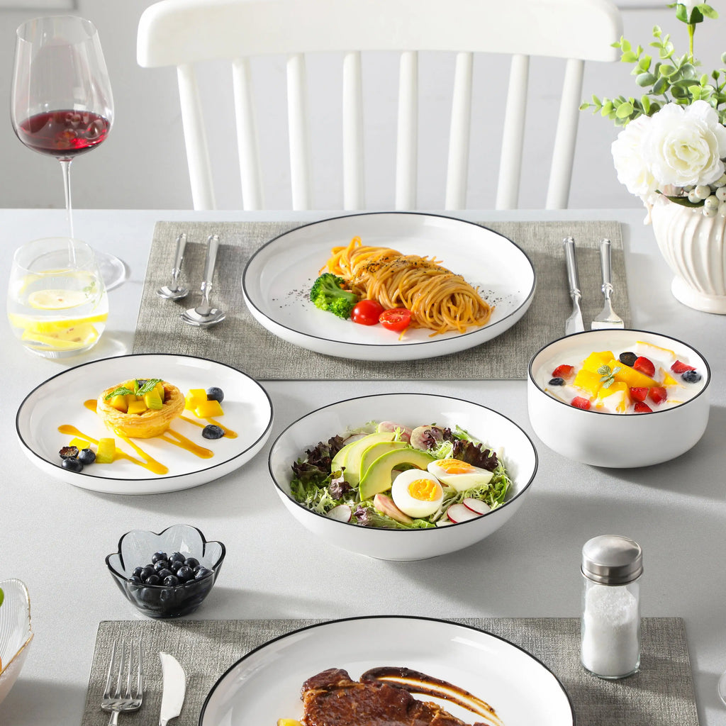 24/48Pc. Ceramic Black Rim Porcelain dinnerware