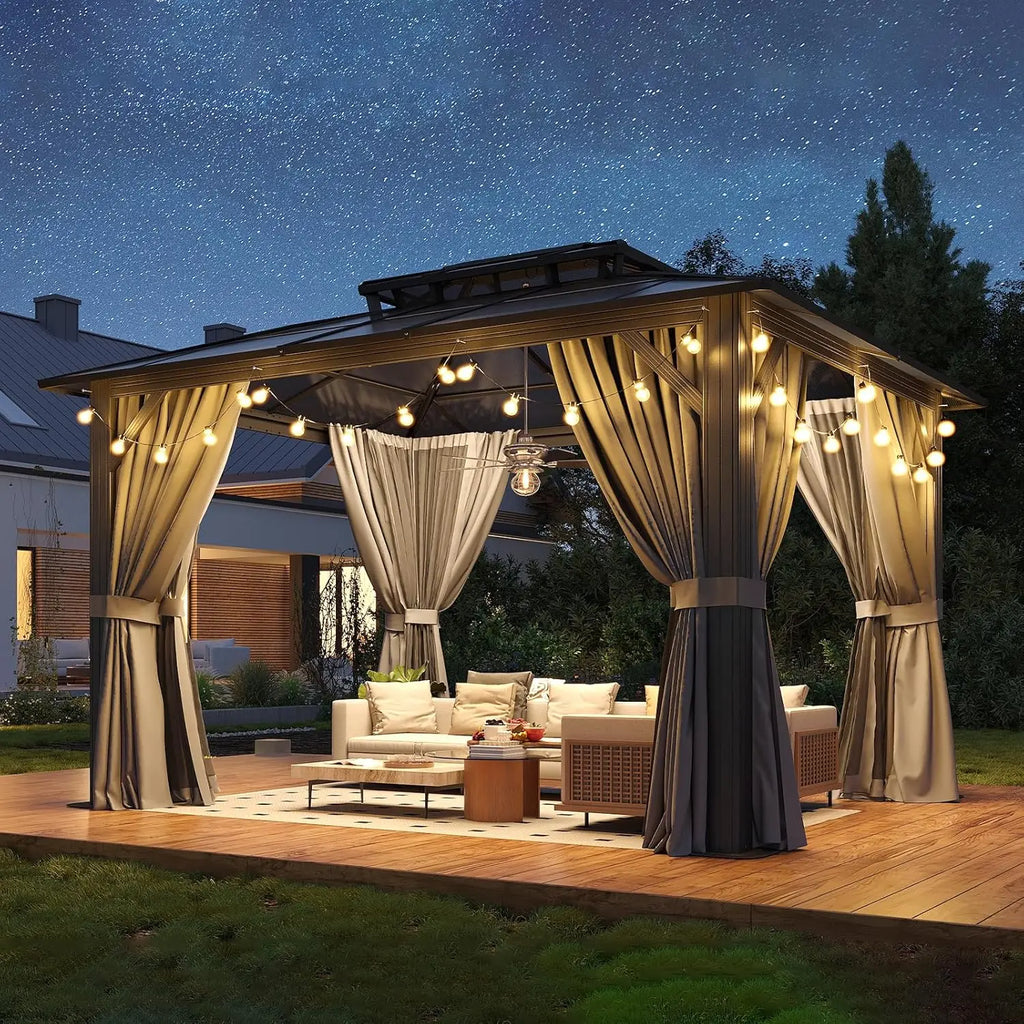10'x12' Hardtop Gazebo Outdoor Permanent Gazebo with Double Polycarbonate Roof Canopy, Aluminum Frame Permanent, Custom