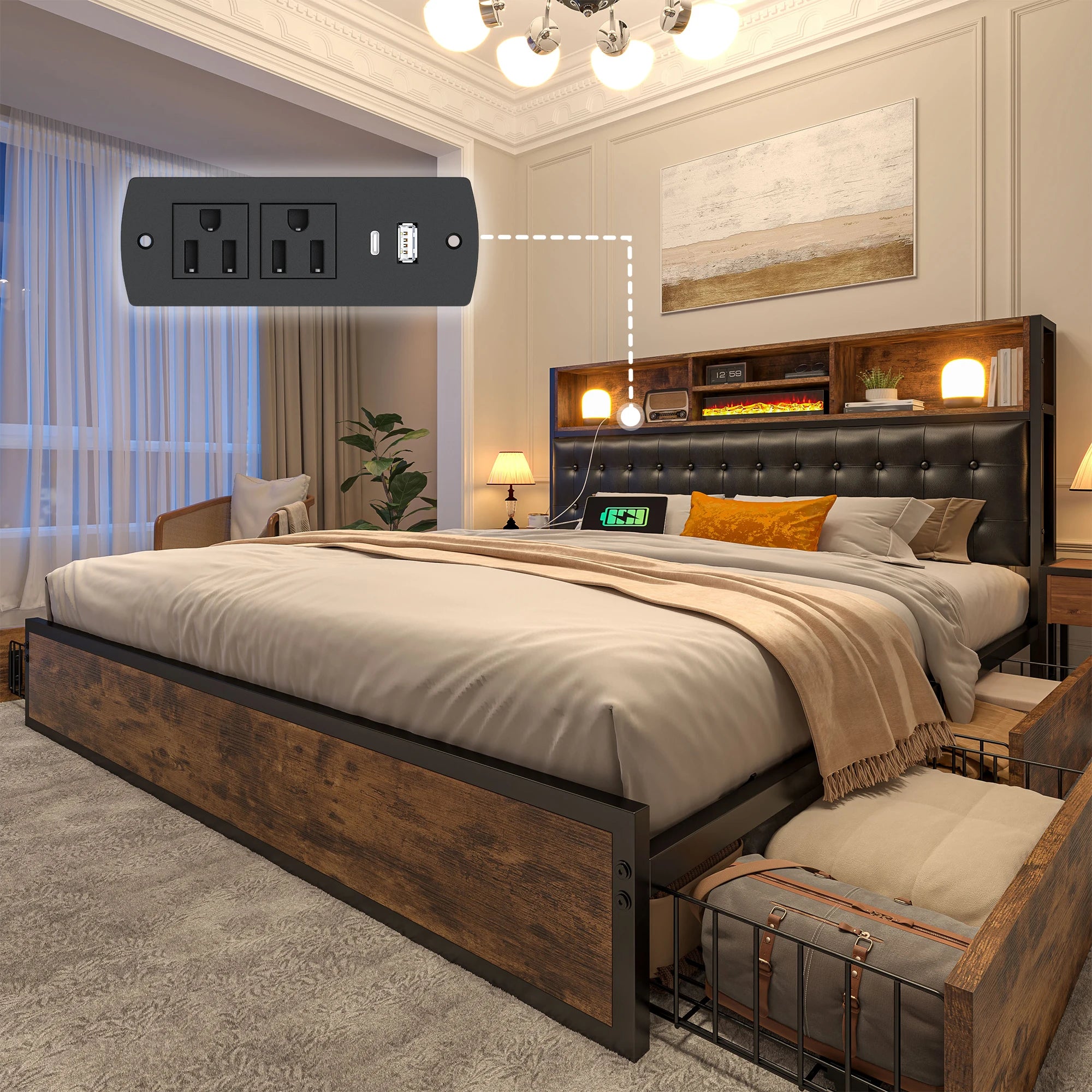 Full/Queen/King Bed Frame with Charging Station, 4 Storage Drawers