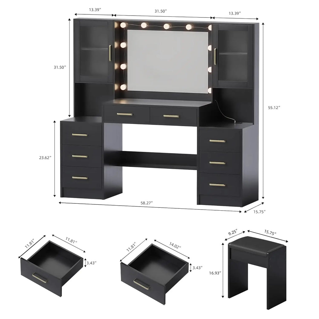 Black Vanity Desk with Mirror, Lights, Charging Station, 8 Drawers, 2 Cabinets