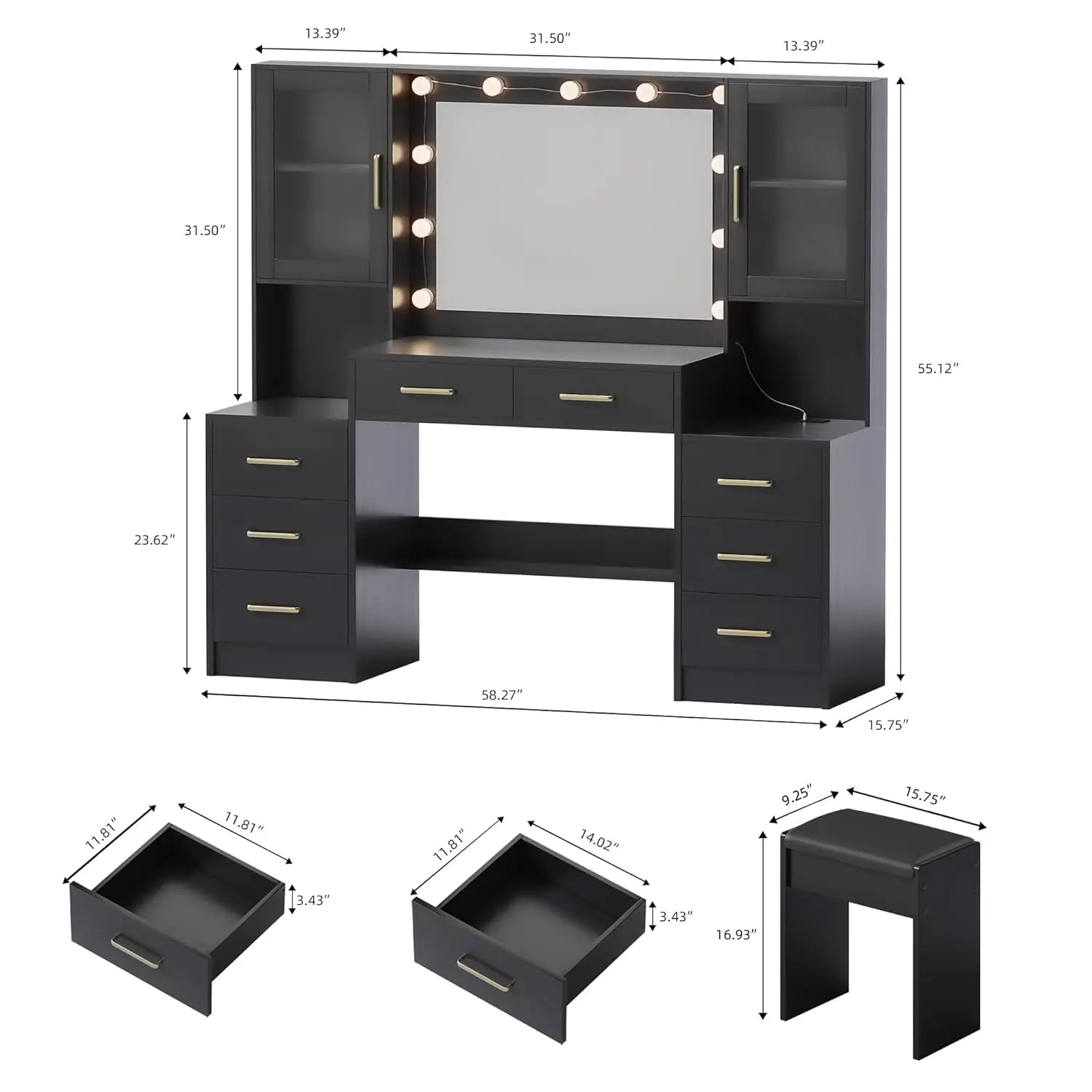 Black Vanity Desk with Mirror, Lights, Charging Station, 8 Drawers, 2 Cabinets