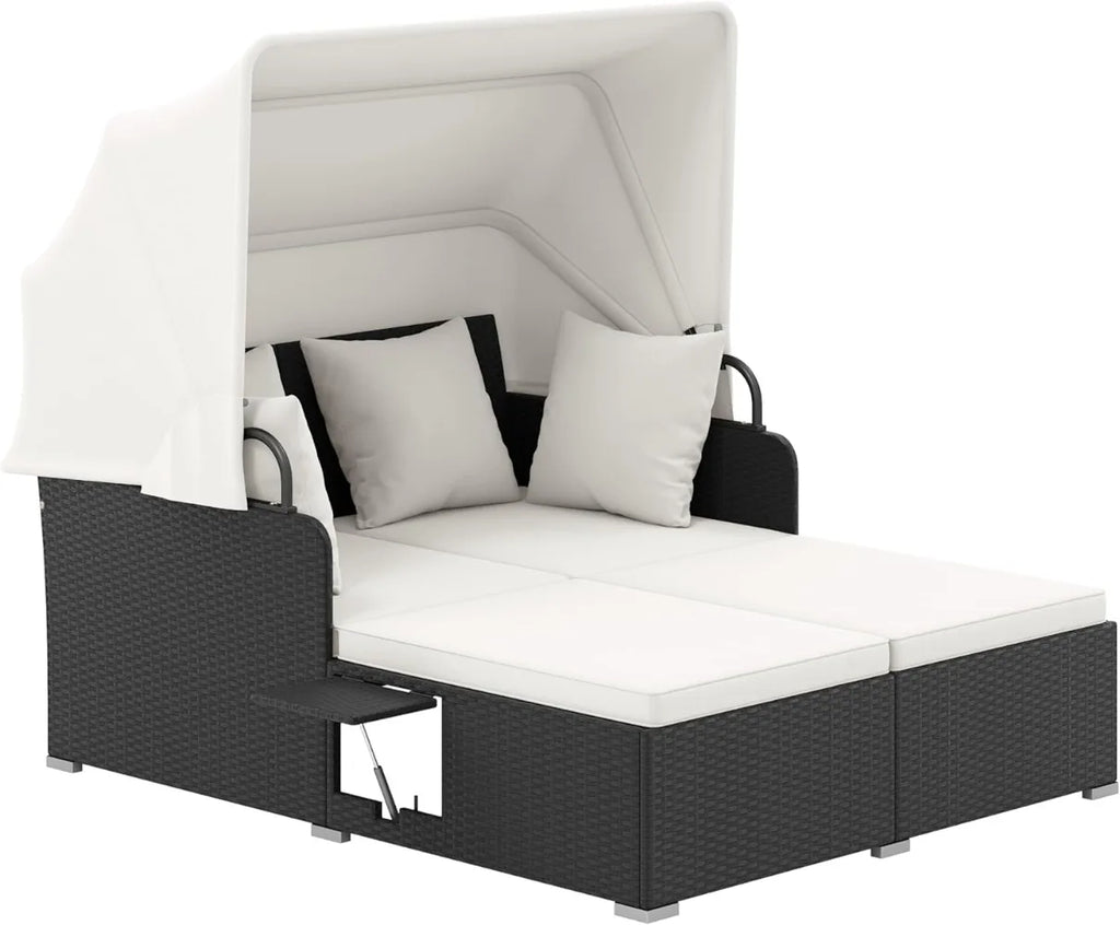 Daybed with Retractable Canopy, 2 Foldable Side Tables