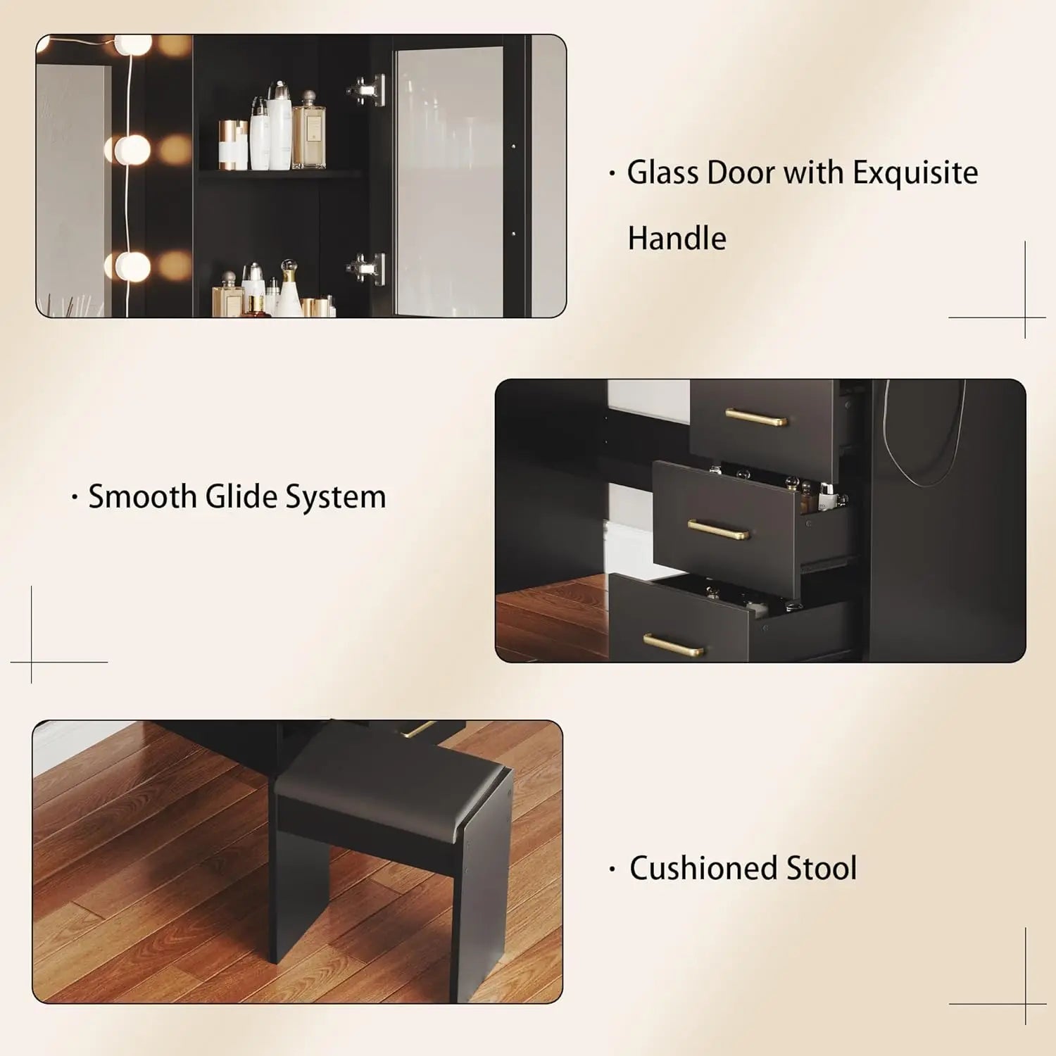 Black Vanity Desk with Mirror, Lights, Charging Station, 8 Drawers, 2 Cabinets