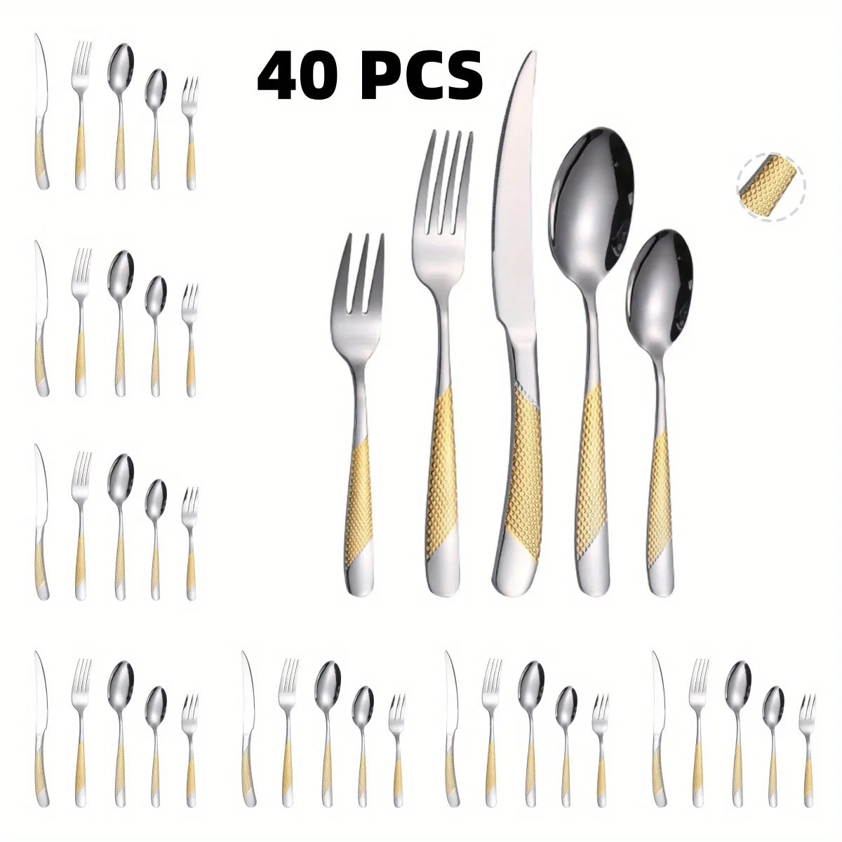 Hammered Modern Golden/Silvery Silverware Set, 40pcs