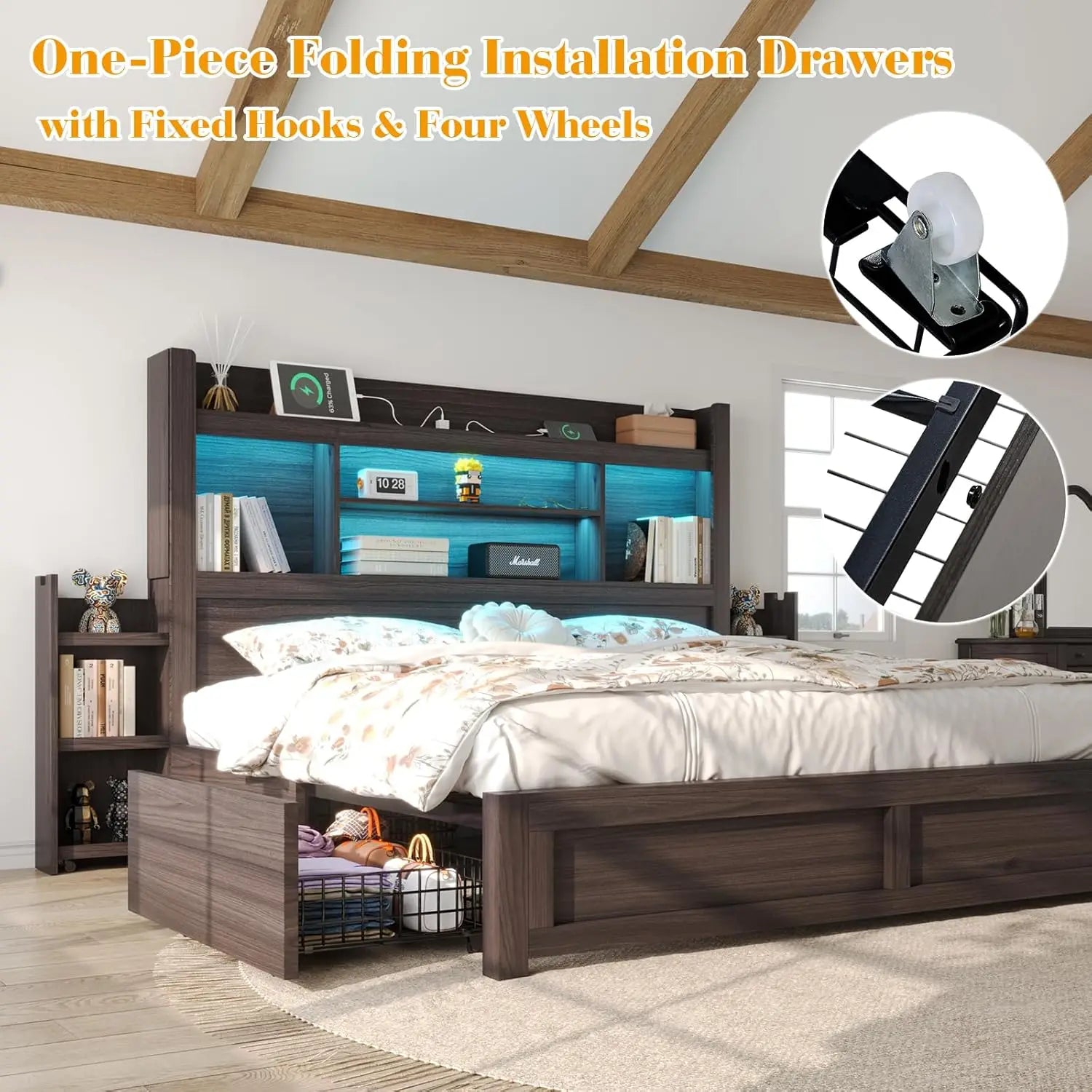 King Bed Frame, Bookcase, Headboard, 2 Bedside Storage Racks, Drawers