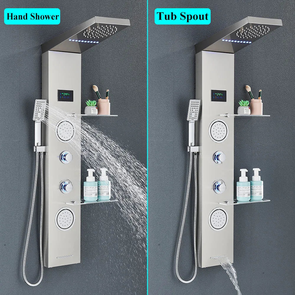 Brushed Nickel Bathroom LED Rainfall Shower Faucet