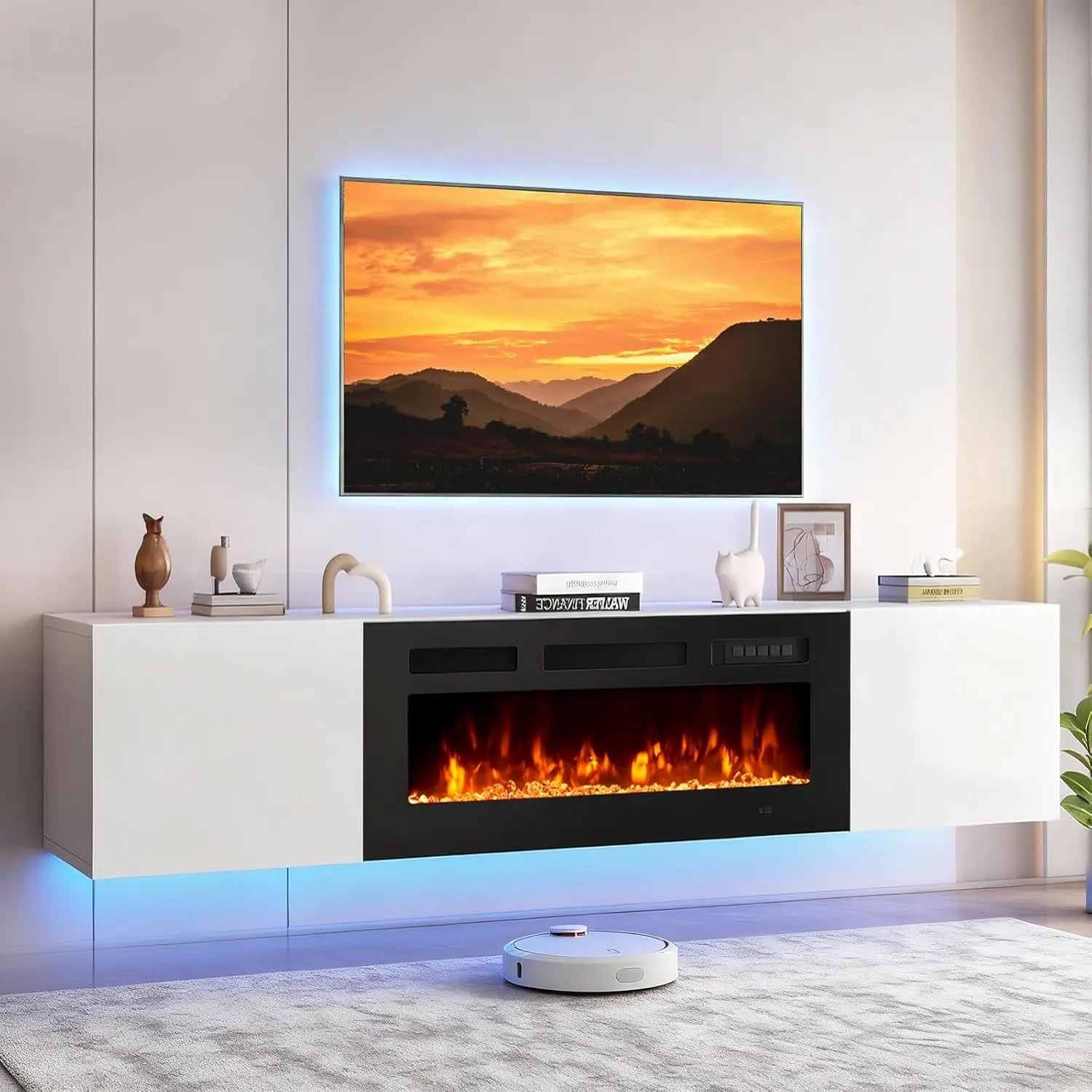 Floating TV Stand, Electric Fireplace, 12-Color LED