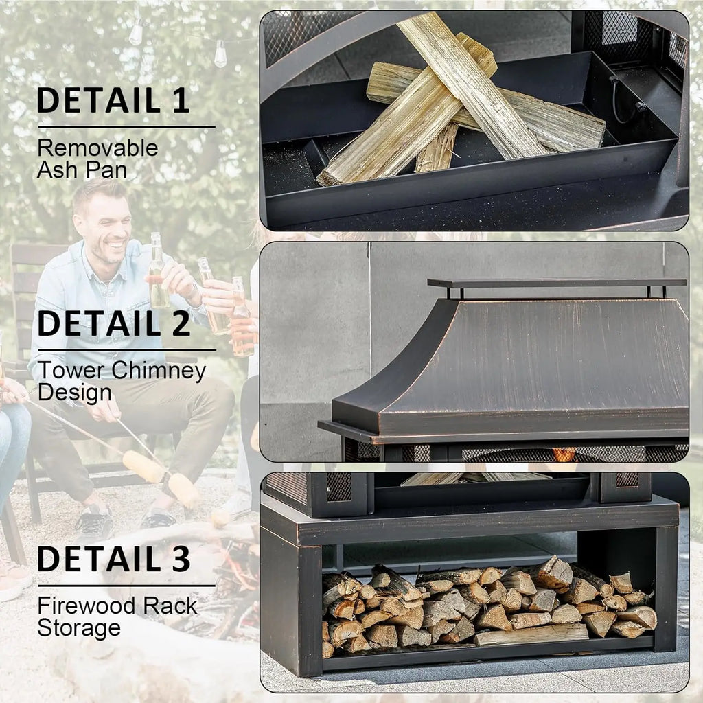 39" Wood Storage Fireplace, Chimney, Mesh Spark Screen