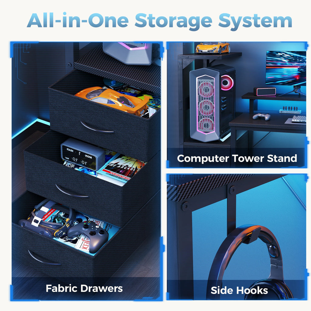 3-Drawer Gaming, Computer Desk LED Lights, Power Outlets