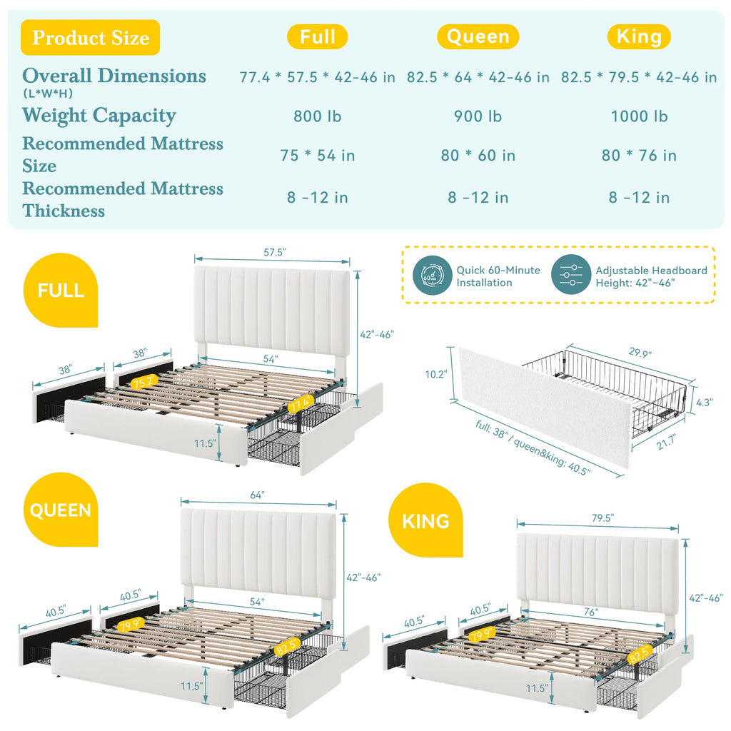 Storage Bed Frame with Adjustable Headboard, 4 Drawers, No Box Spring Needed