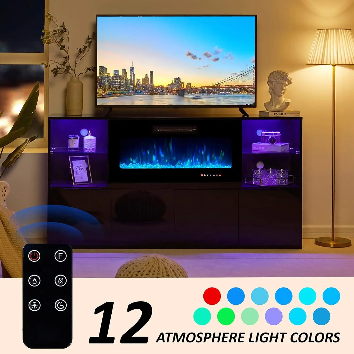 68" Fireplace TV Stand with 40" LED Insert, Glass Shelves