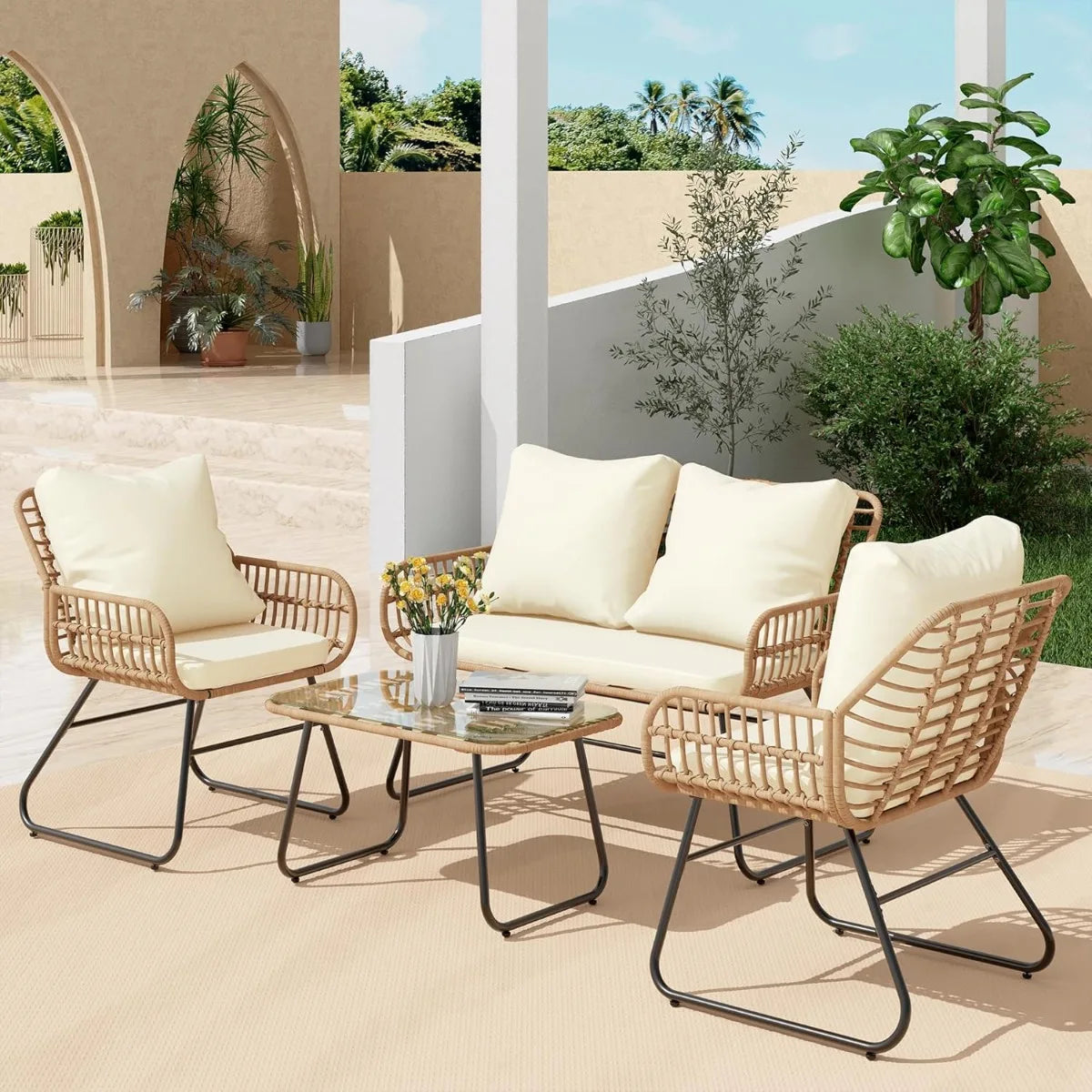 4-Pc.Outdoor Patio Set with Tempered Glass Table/Loveseat