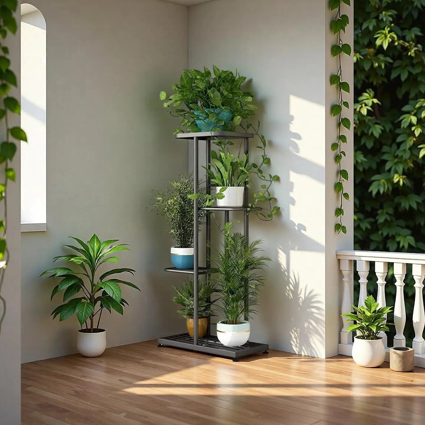 4-Tier Metal Plant Stand for Indoor Outdoor Use.