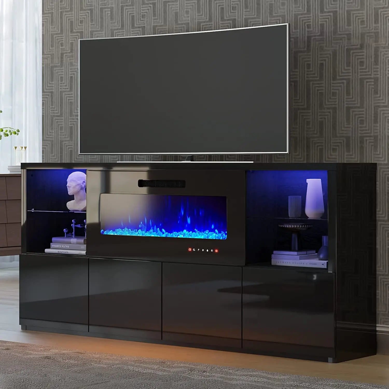 68" Fireplace TV Stand with 40" LED Insert, Glass Shelves