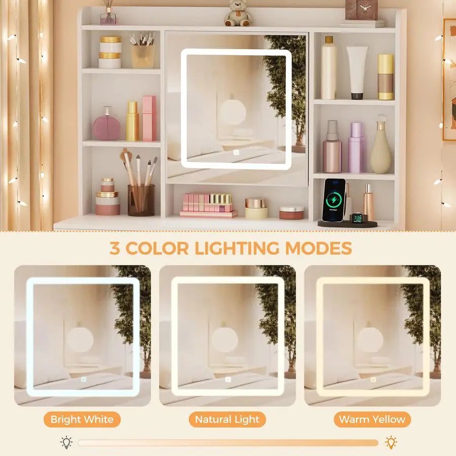 Vanity Desk with Mirror, Lights, power outlets