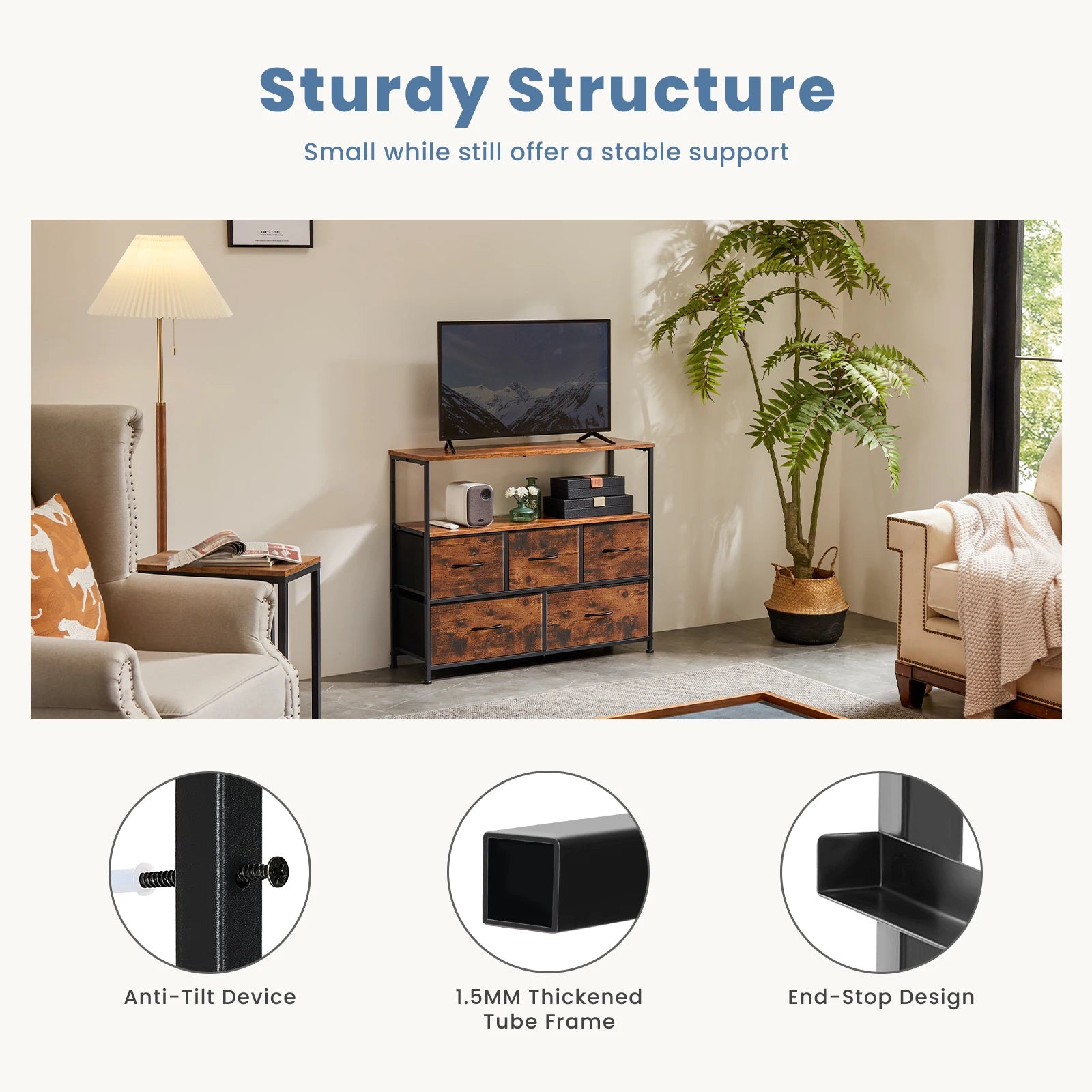 Fireplace TV Stand with 5 Fabric Drawers