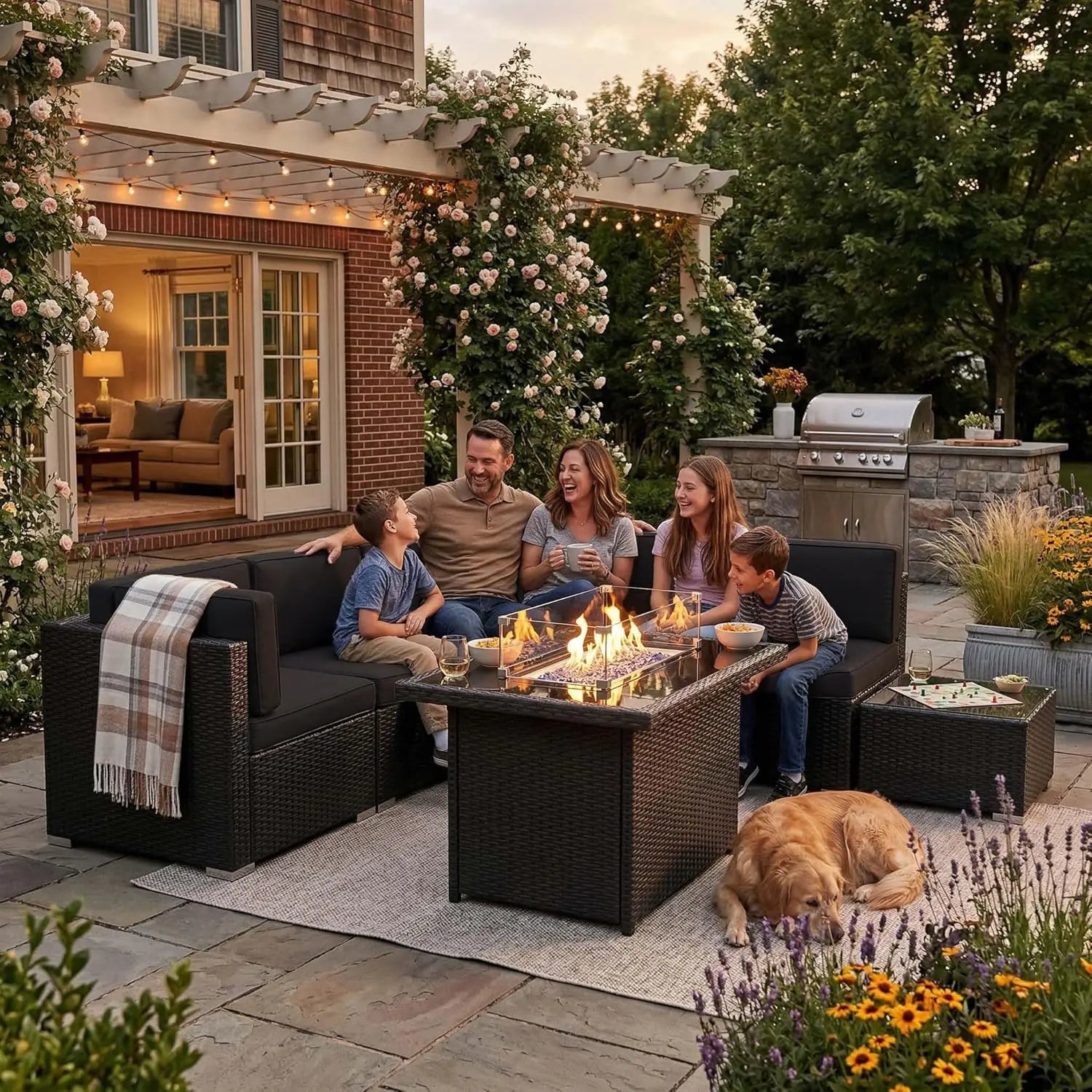 8Pc. Patio Set with 44" Propane Fire Pit Table