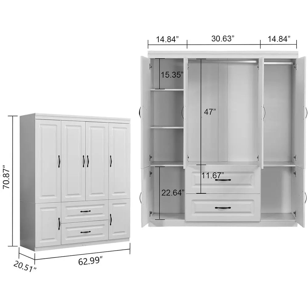 4-Door Wardrobe with 2 Drawers, Hanging Rails, Shelves