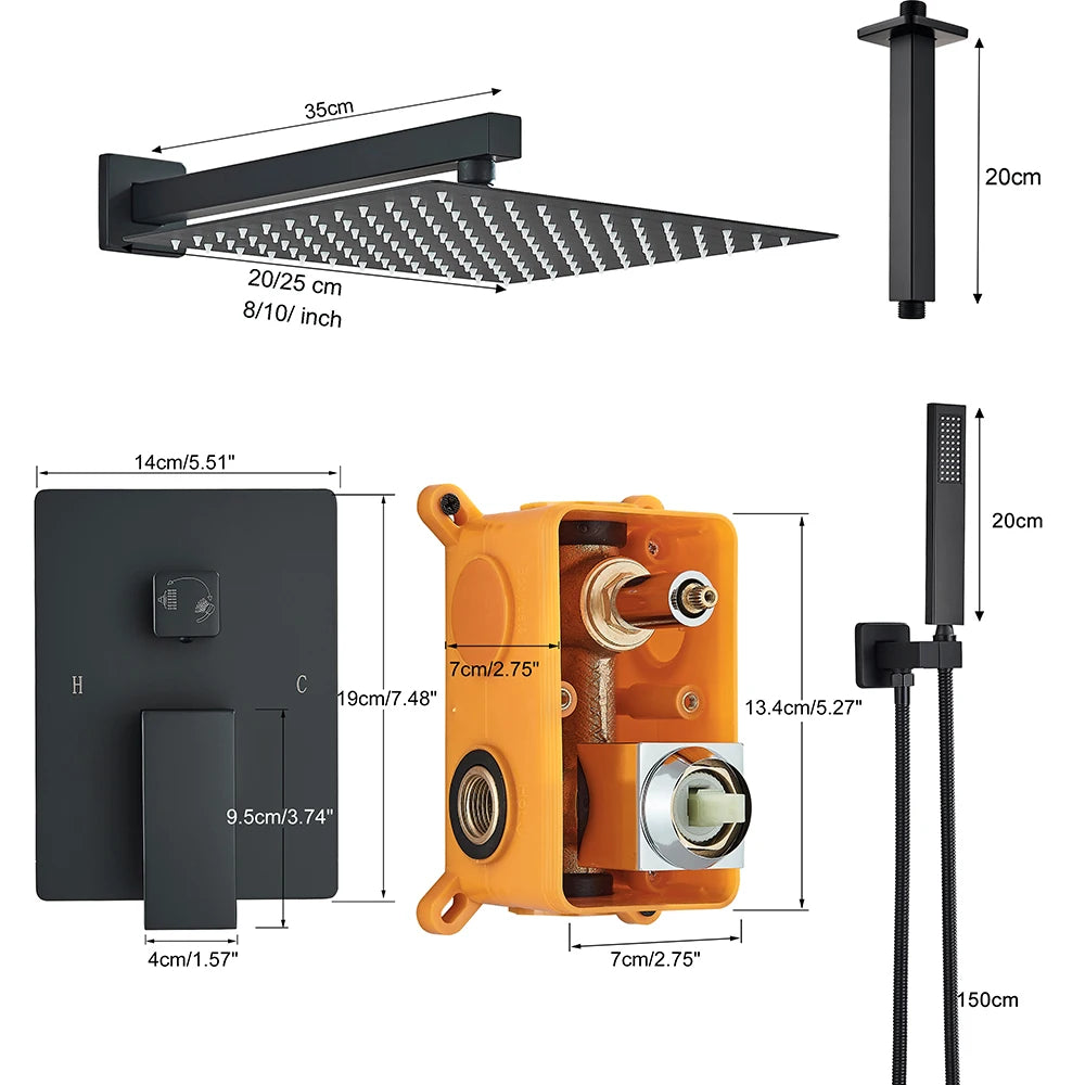 Matte Black Shower Set Wall Bath Shower Faucet 2-3 ways Concealed Shower Mixer Tap Rainfall Bathroom Faucet