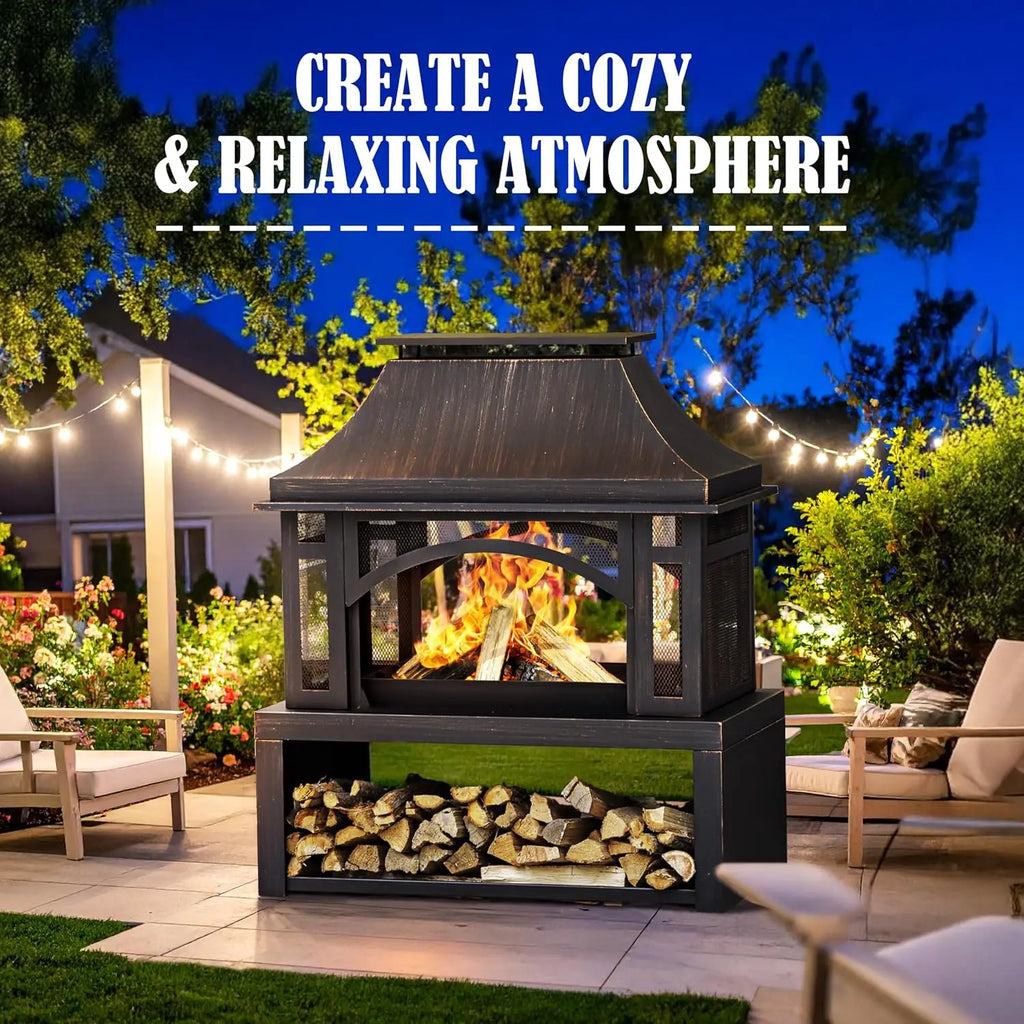 39" Wood Storage Fireplace, Chimney, Mesh Spark Screen