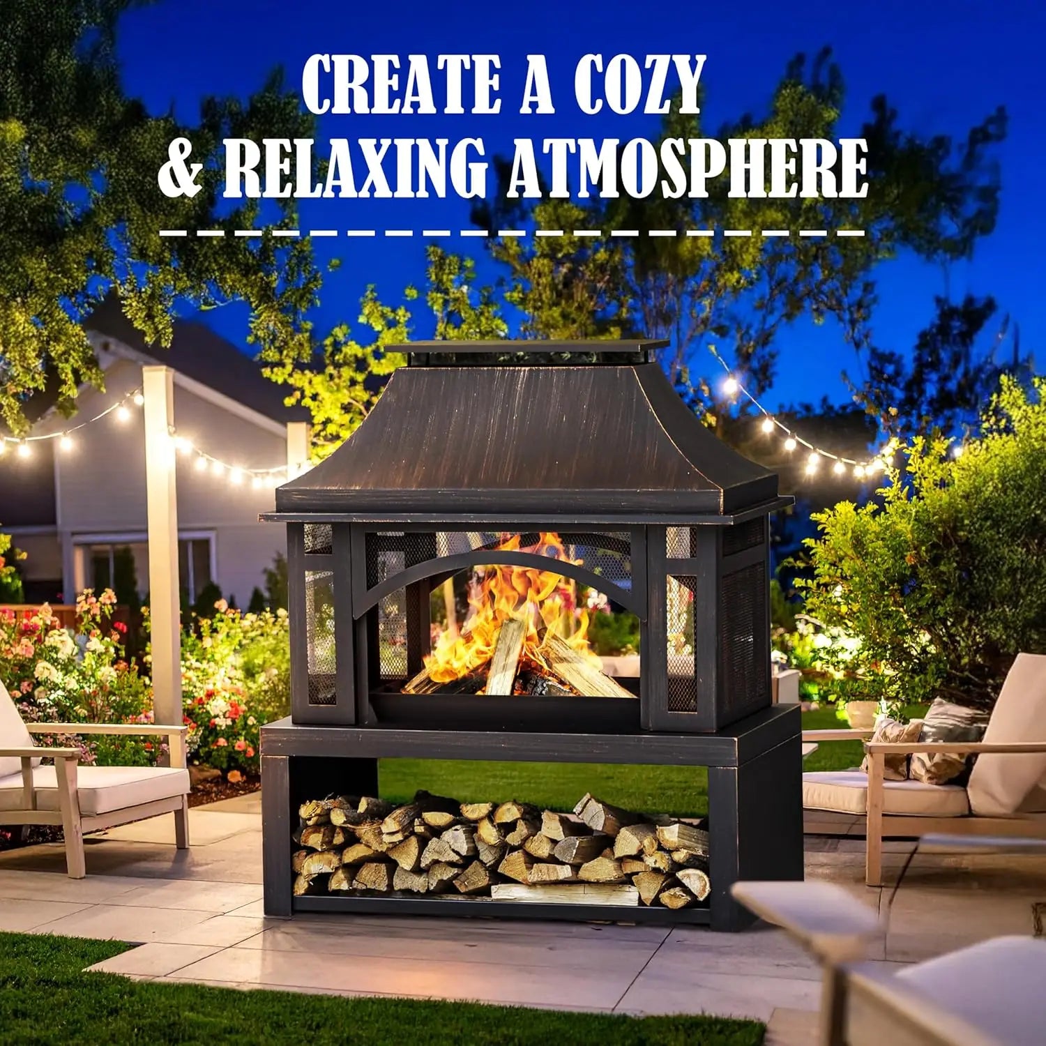 39" Wood Storage Fireplace, Chimney, Mesh Spark Screen