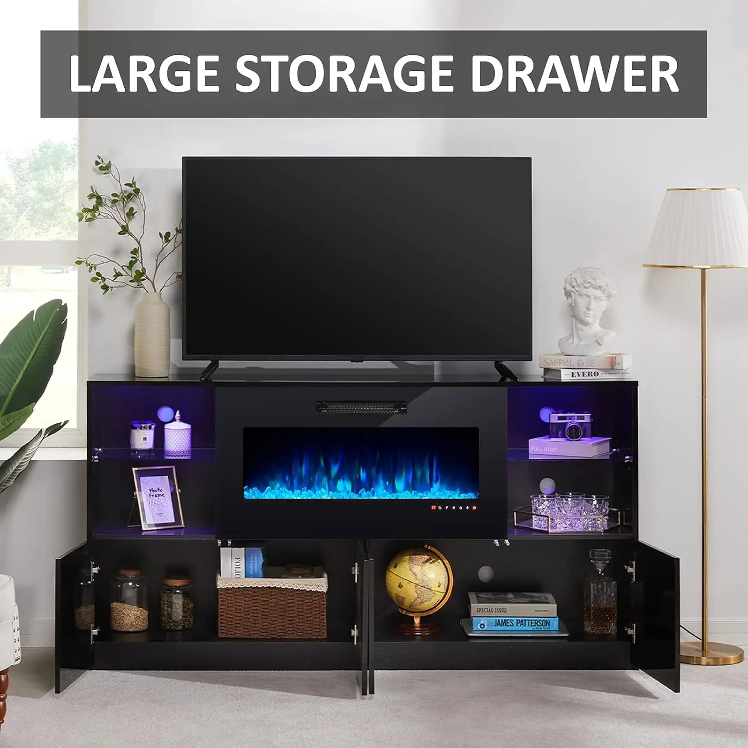 68" Fireplace TV Stand with 40" LED Insert, Glass Shelves