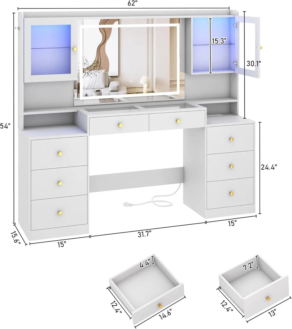 62" Large Vanity Desk with Mirror and Lights